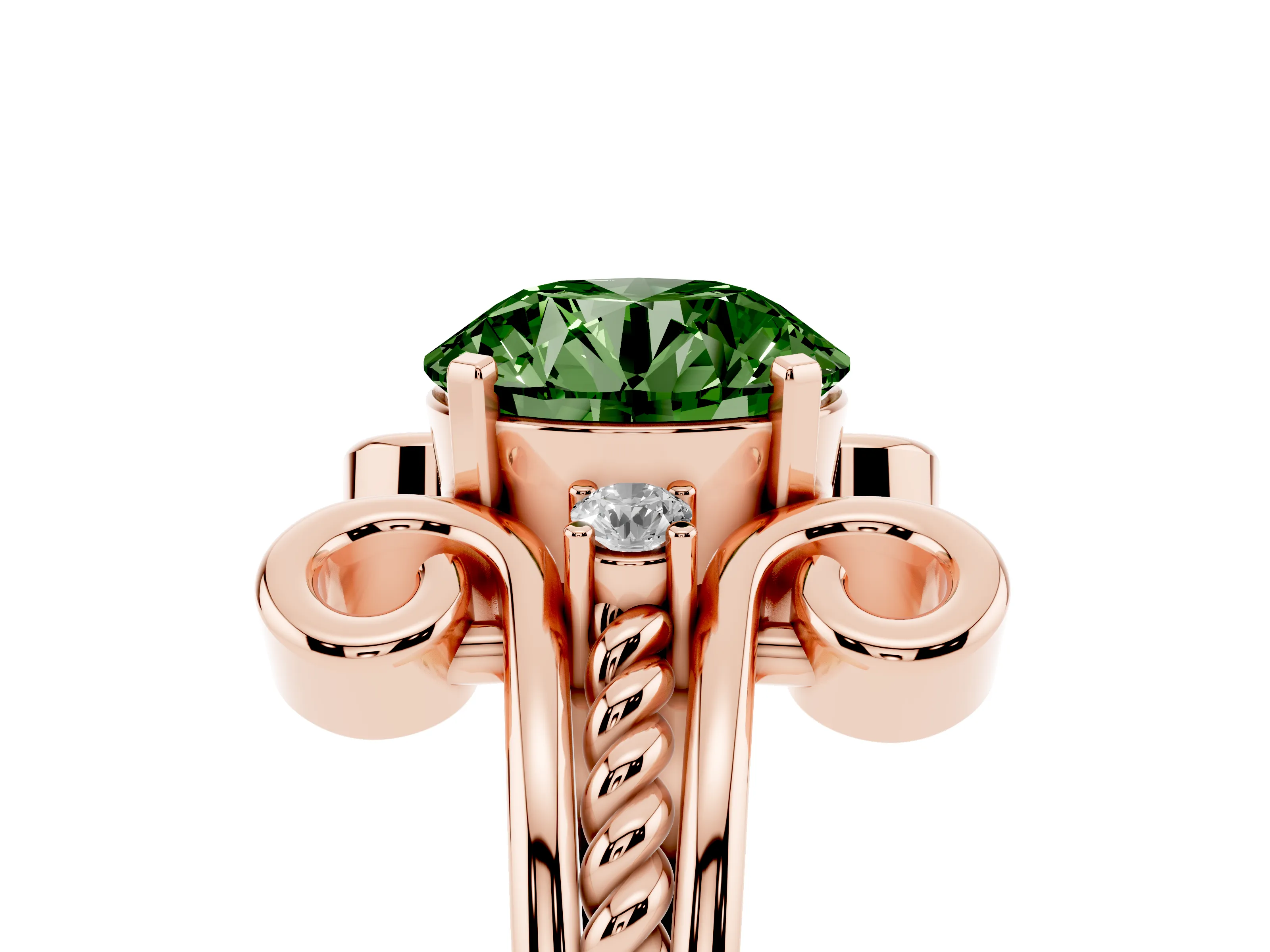 Fancy Green Round Cut Diamond Twisted Band Solitaire Ring Set in Rose gold with Scroll Prongs