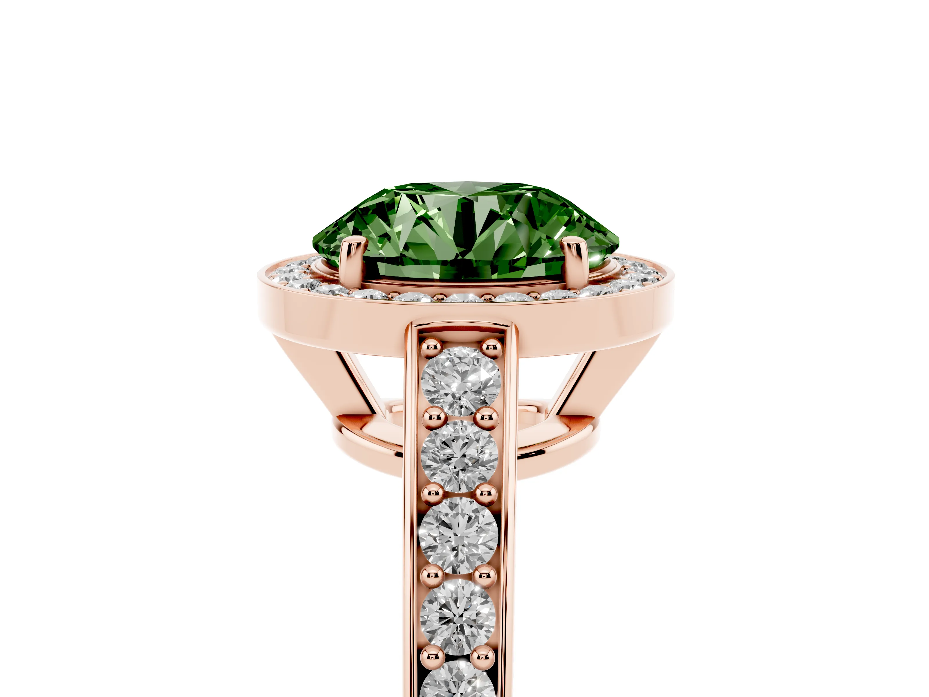 Fancy Green Round Cut Diamond Halo Pavé Engagement Ring Set in Rose gold with Bezel Setting