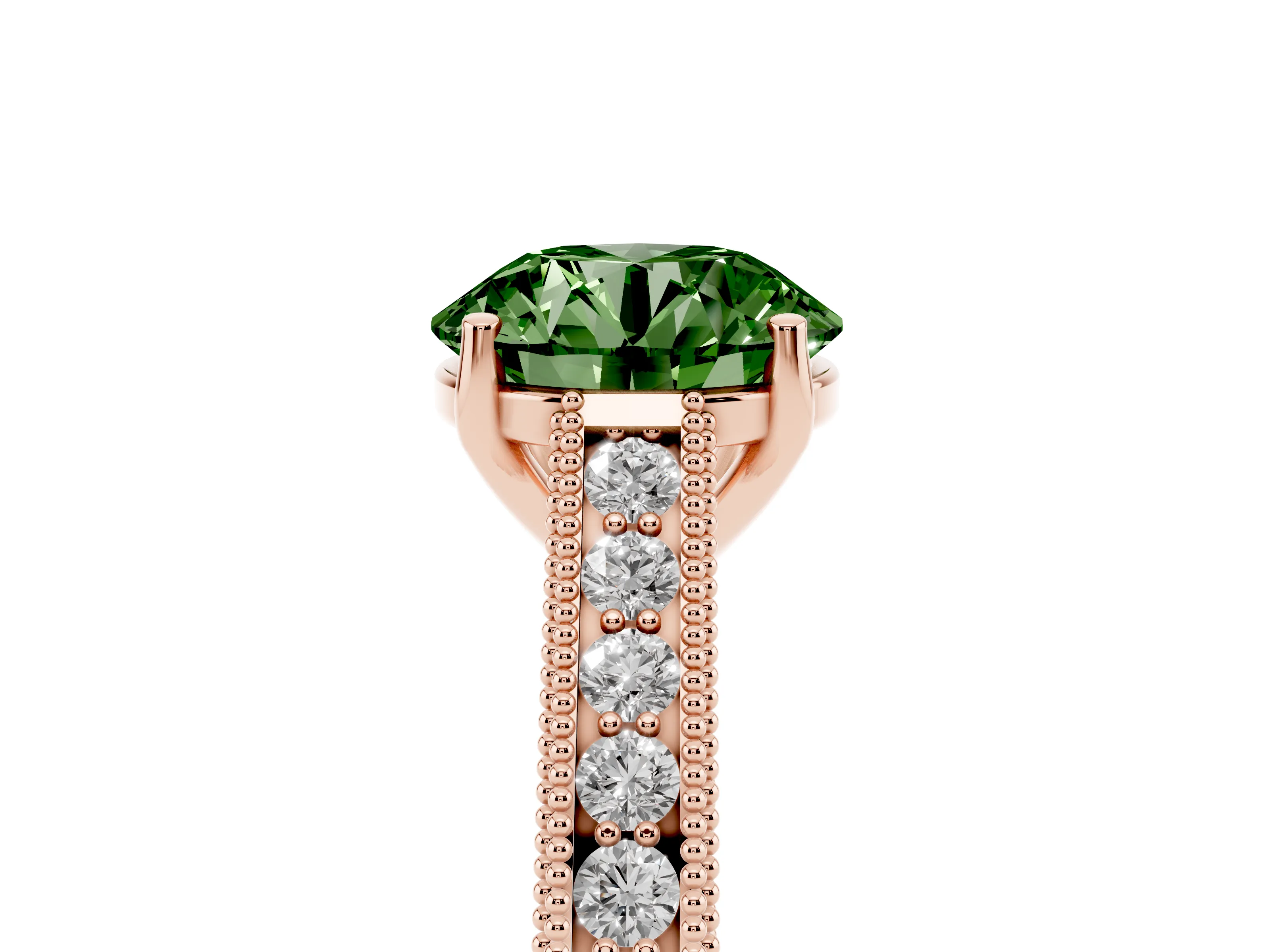 Fancy Green Round Cut Diamond Milgrain Pavé Band Solitaire Ring Set in Rose gold with Prong Setting