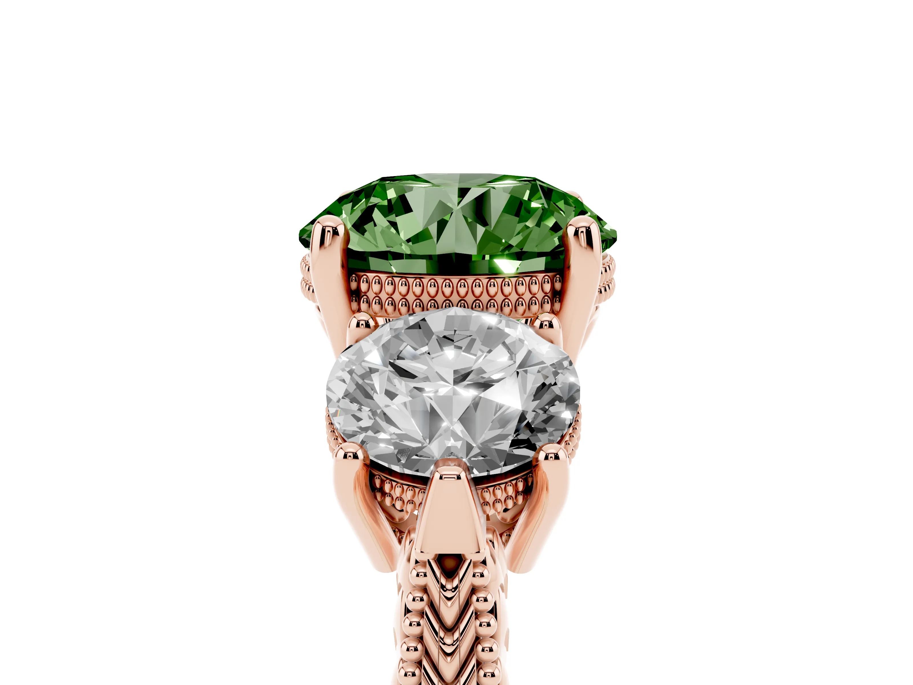 Fancy Green Round Cut Diamond Three-Stone Ring Set in Rose gold with Milgrain Band