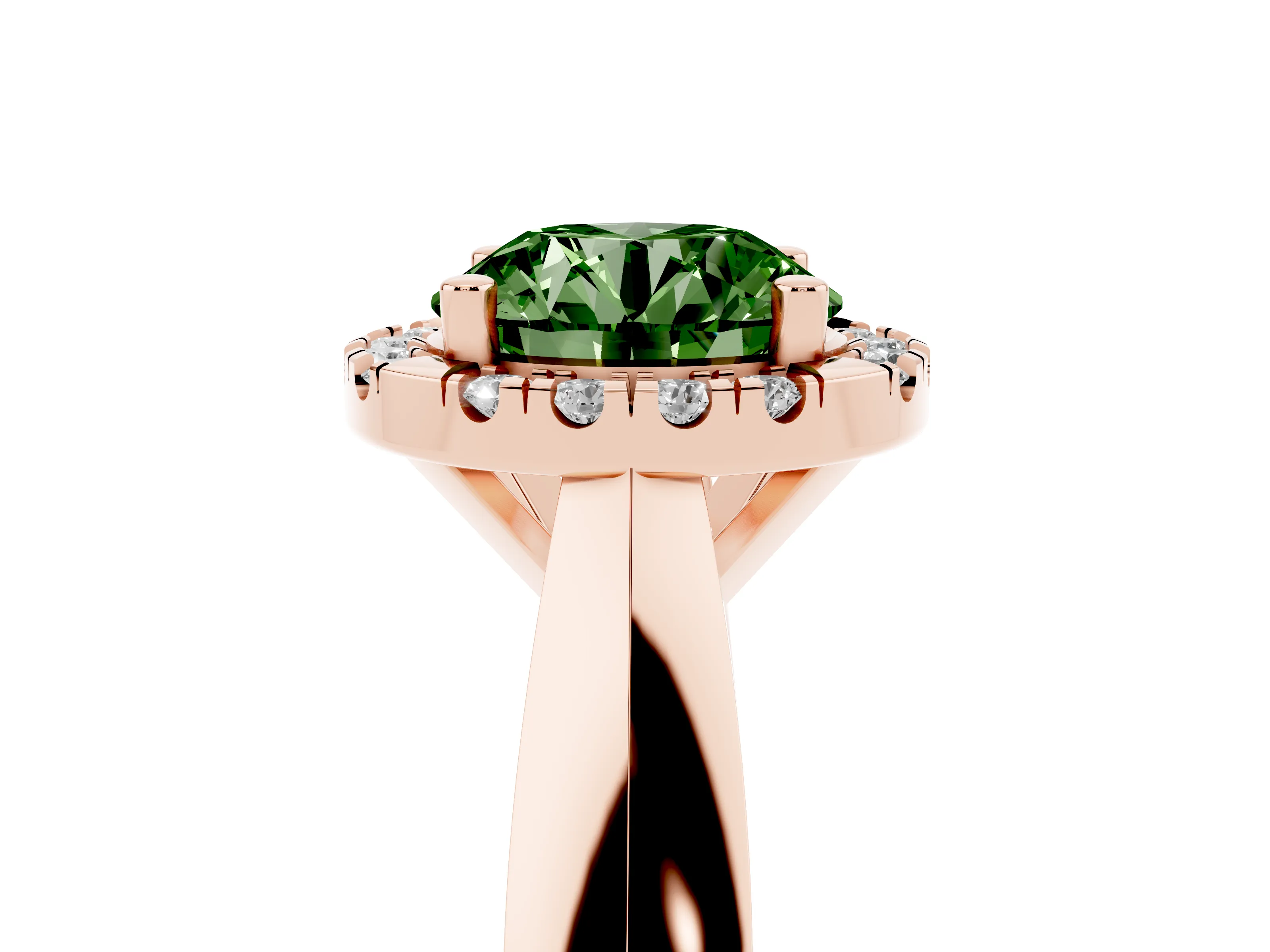 Fancy Green Round Cut Diamond Halo Solitaire Engagement Ring Set in Rose gold with Square Band and Prong Setting