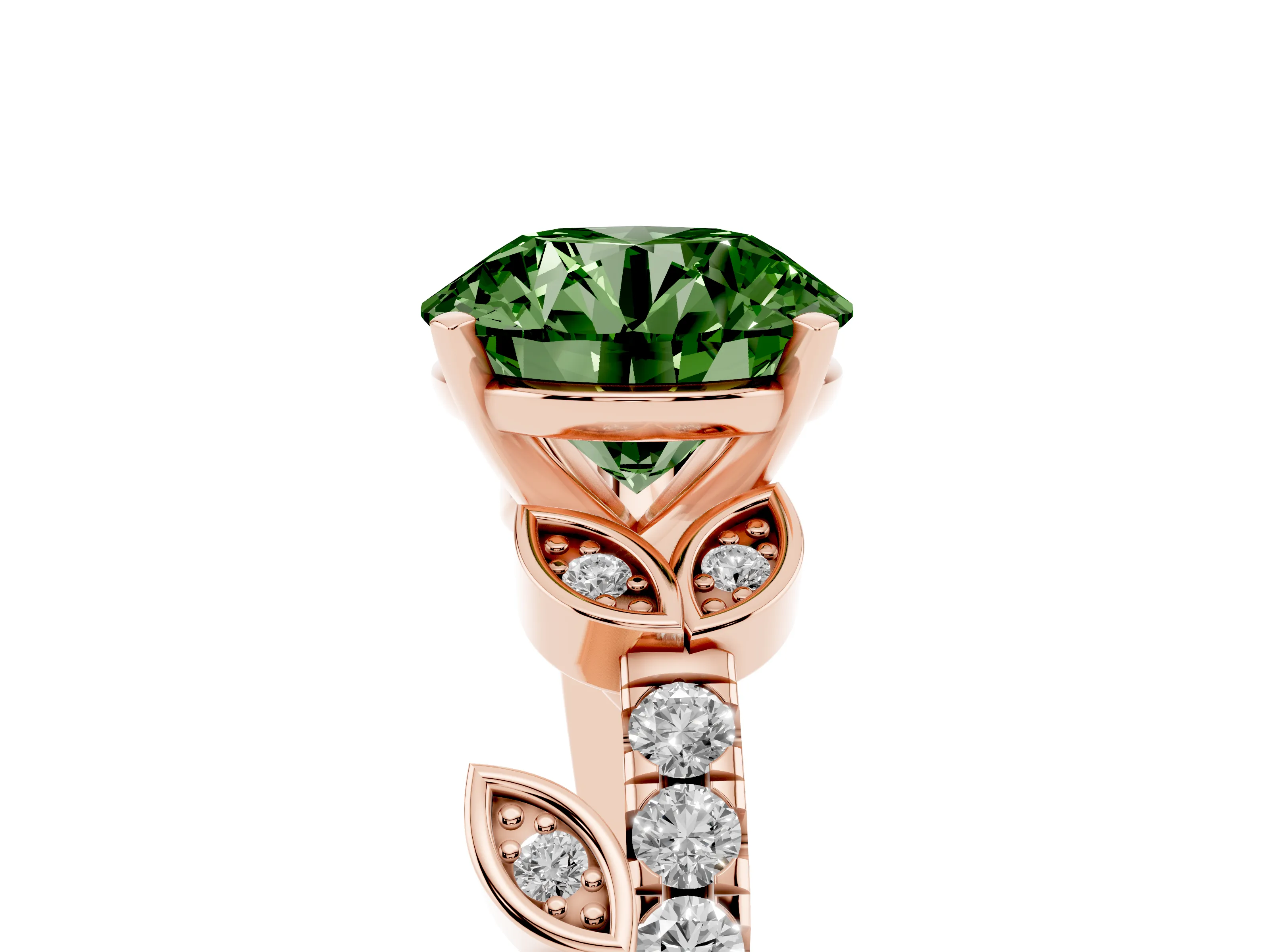 Fancy Green Round Cut Diamond Solitaire Leaf-Inspired Ring Set in Rose gold with Pavé Band and Prong Setting