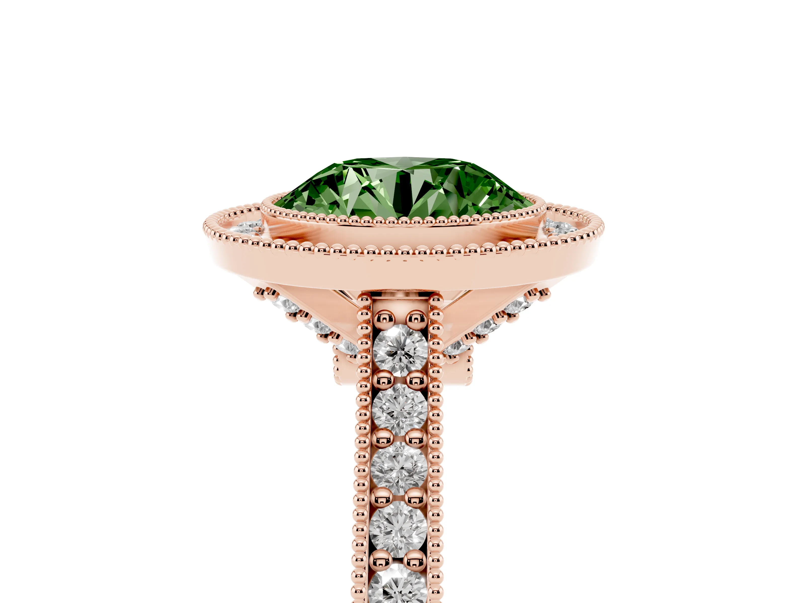 Fancy Green Round Cut Diamond Halo Milgrain Pavé Band Ring Set in Rose gold with Prong Setting