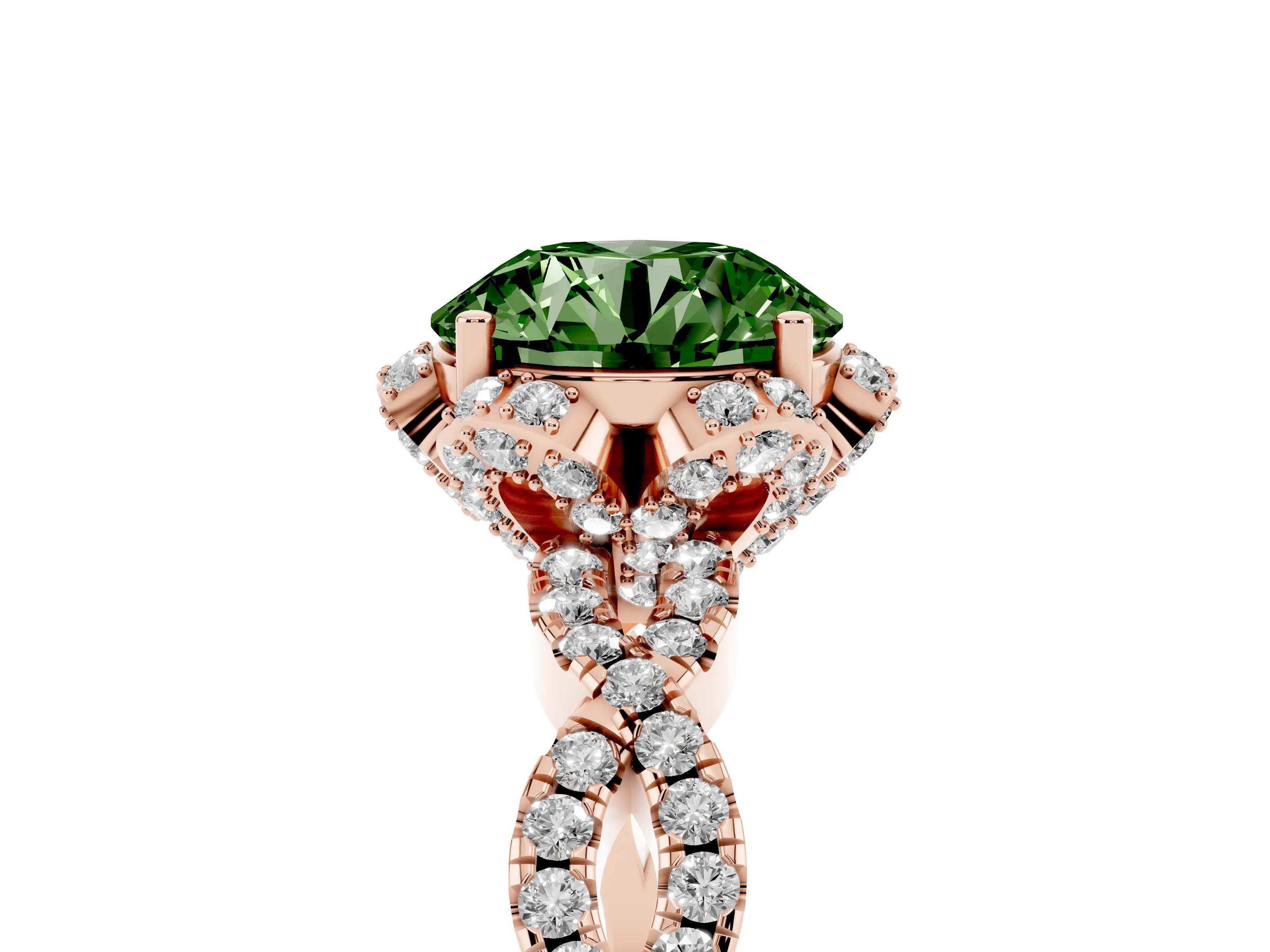 Fancy Green Round Cut Diamond Halo Twist Band Solitaire Ring Set in Rose gold with Prong-Set Center Stone