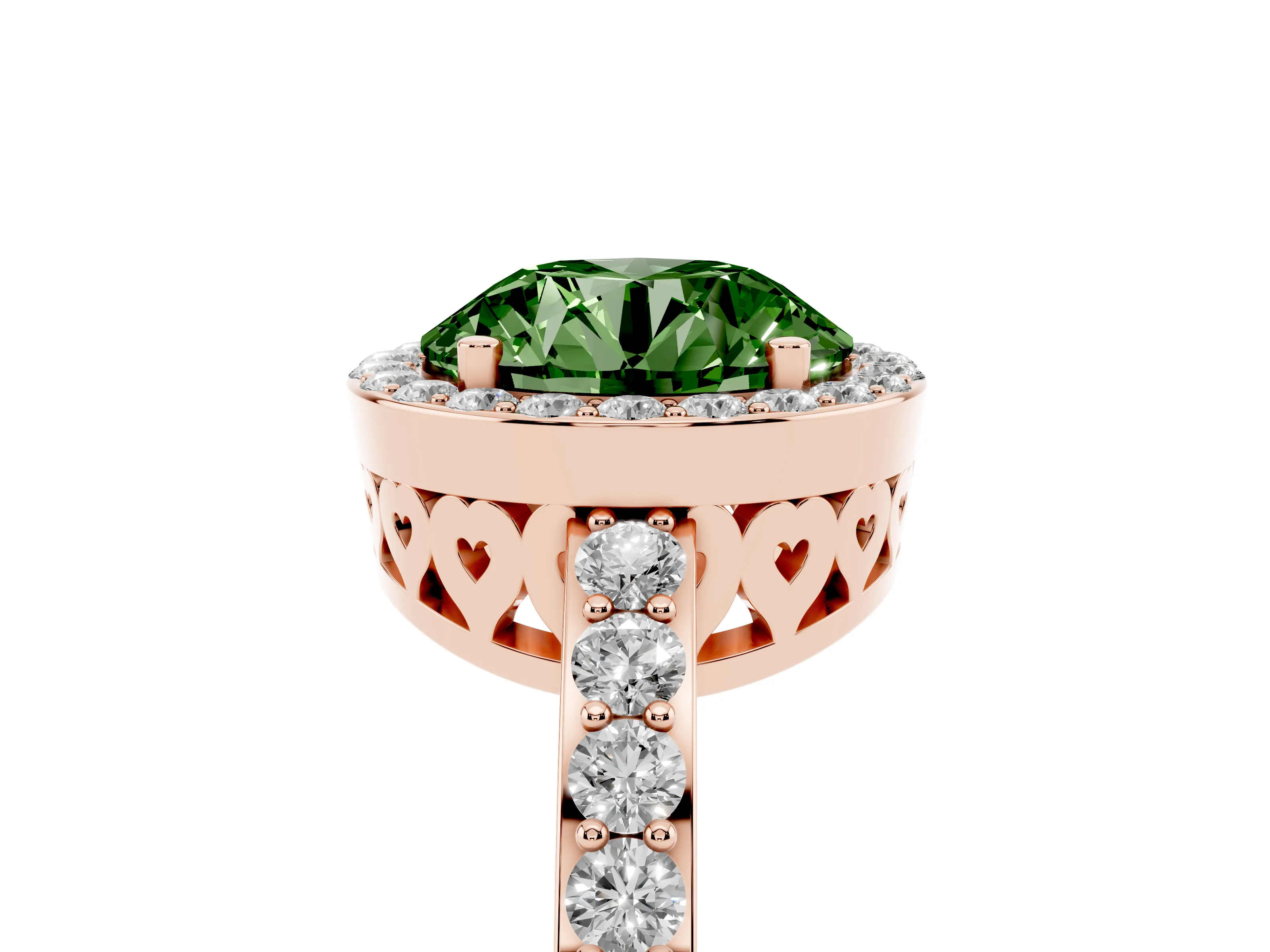 Fancy Green Round Cut Diamond Halo Ring Set in Rose gold with Pavé-Setting Band and Open Prong Center