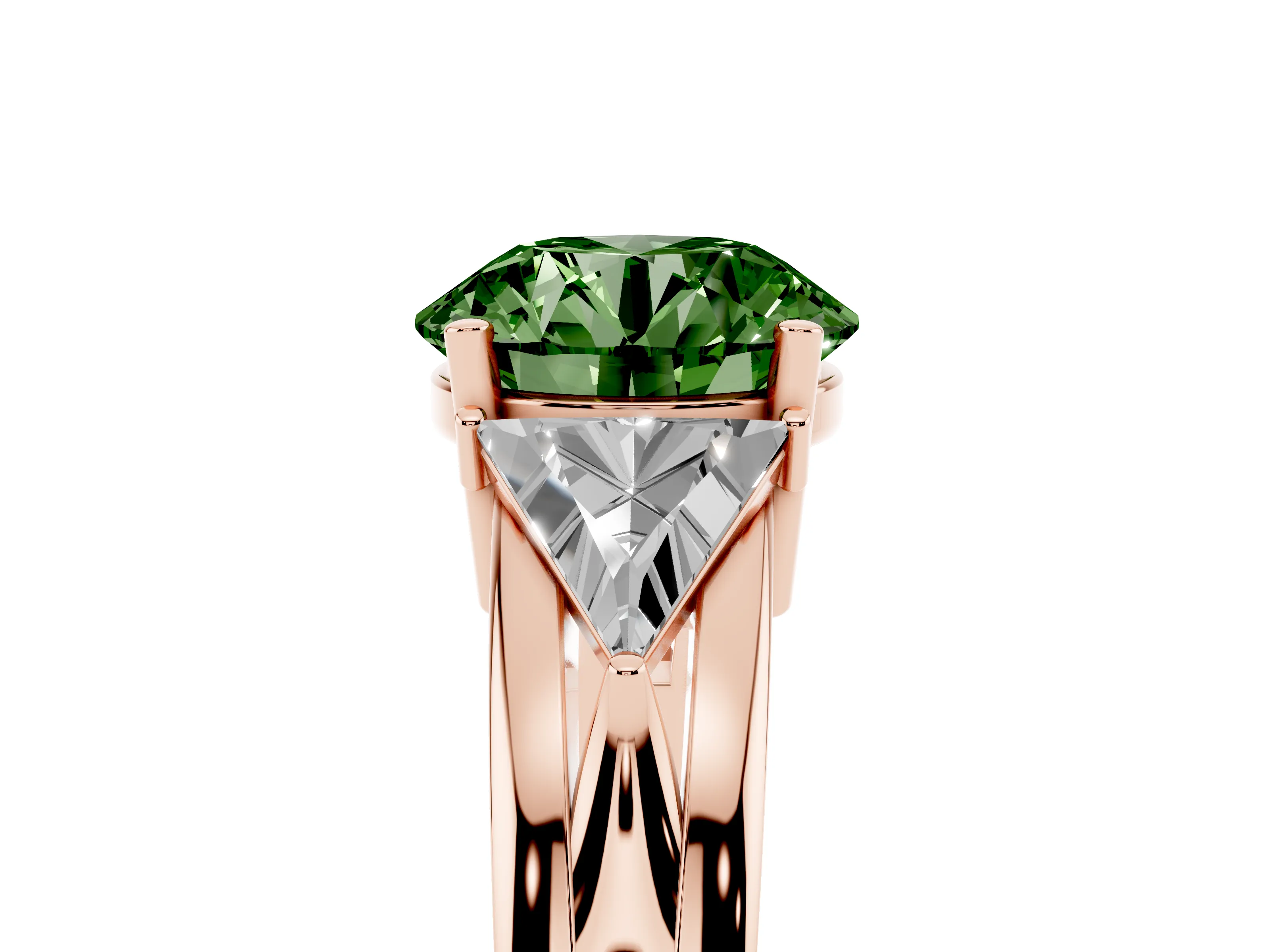 Fancy Green Round Cut Diamond Three-Stone Ring Set in Rose gold with Trillion Side Stones and Split Shank