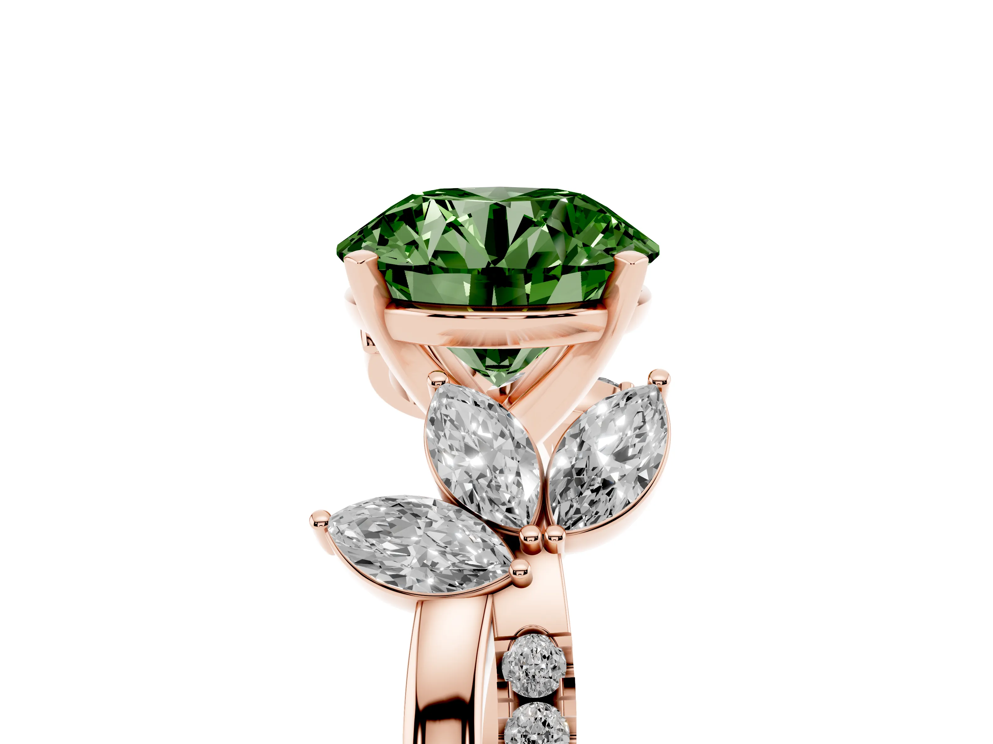Fancy Green Round Cut Diamond Floral Vine Solitaire Engagement Ring Set in Rose gold with Marquise Leaves