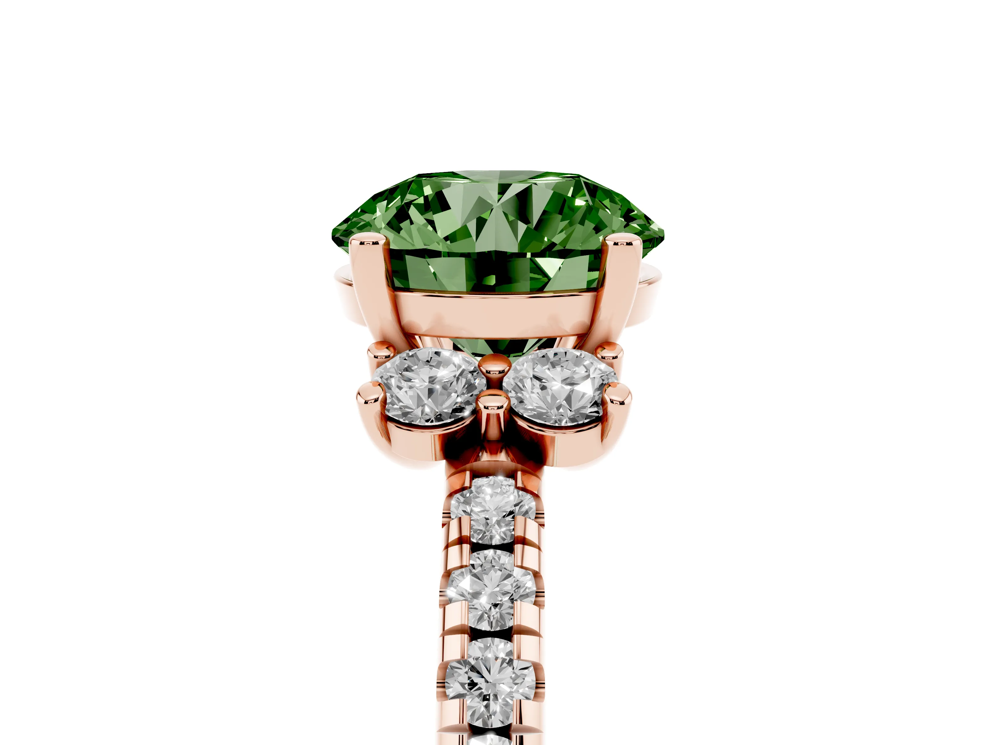 Fancy Green Round Cut Diamond Three-Stone Pavé Ring Set in Rose gold with Prong Setting