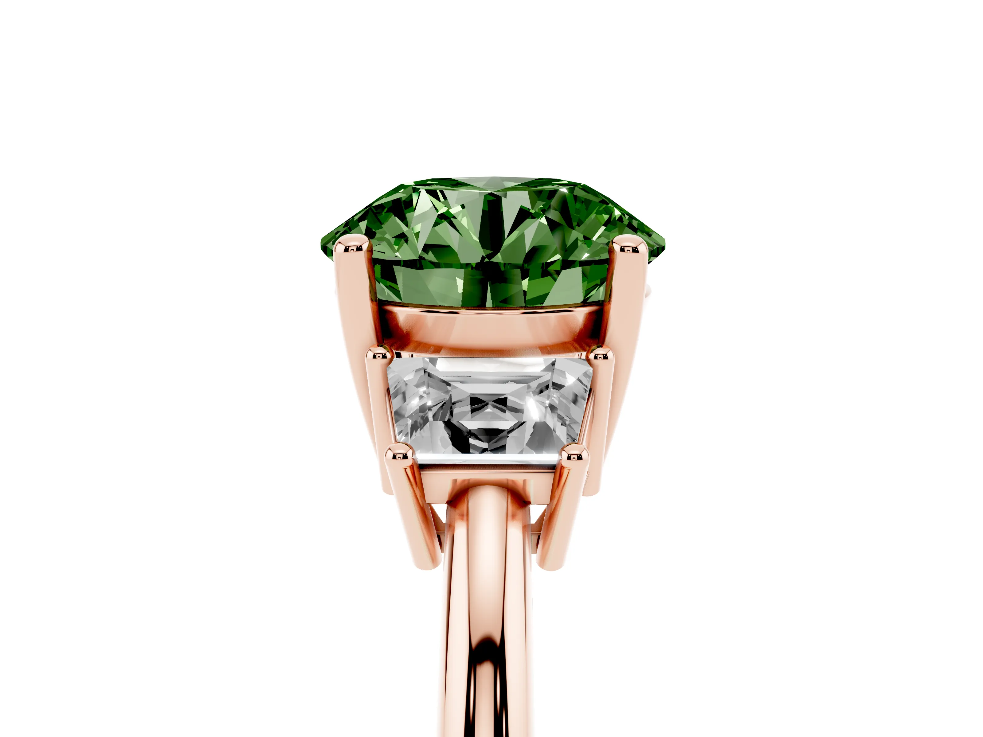 Fancy Green Round Cut Diamond Three-Stone Ring Set in Rose gold with Trapezoid Side Stones and Prong Setting