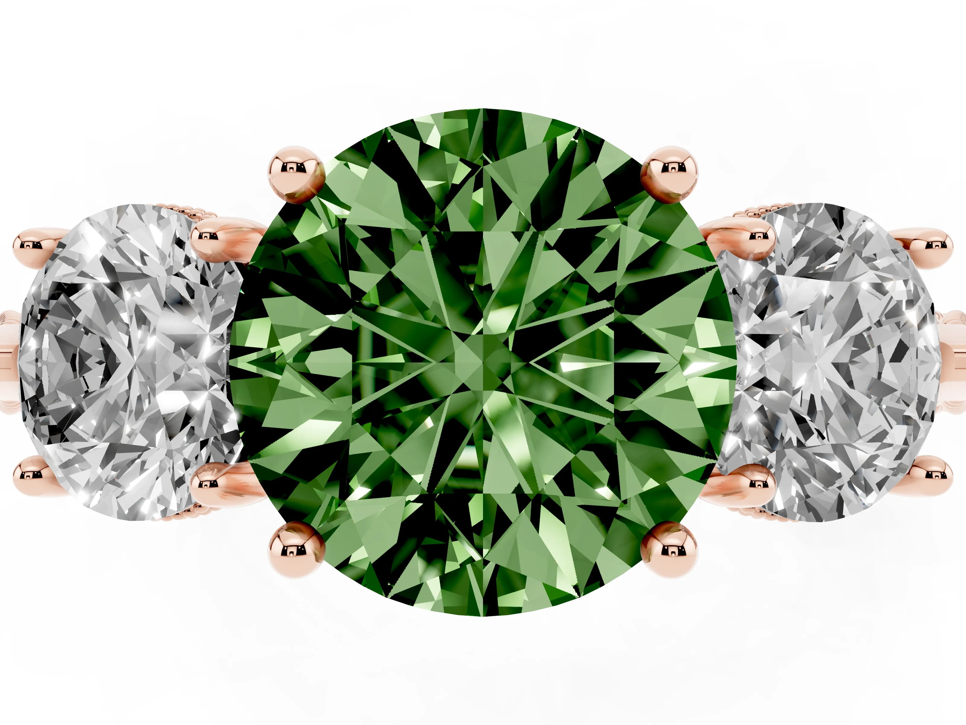 Fancy Green Round Cut Diamond Three-Stone Ring Set in Rose gold with Milgrain Band