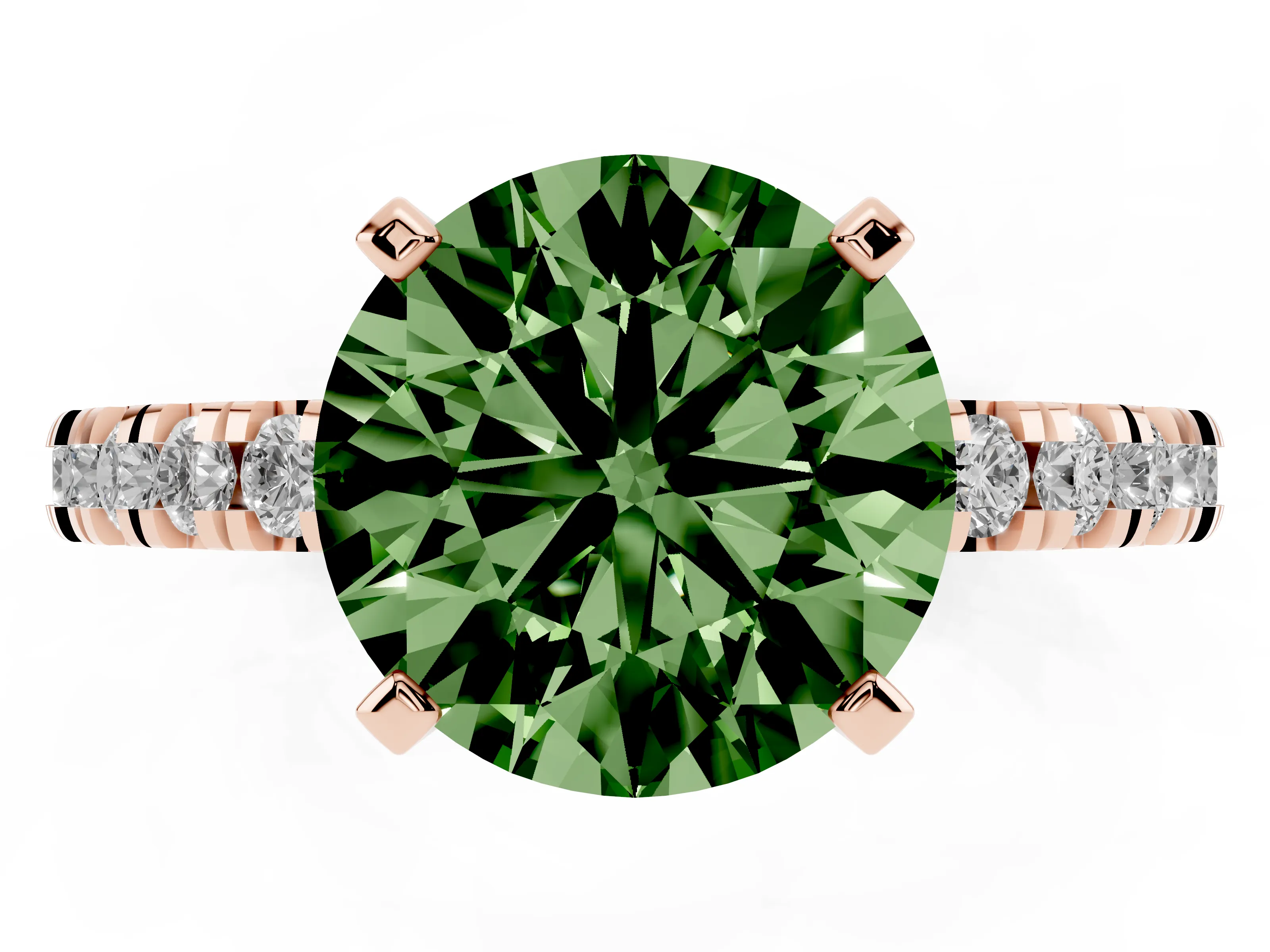 Fancy Green Round Cut Diamond Pavé Band Solitaire Set in Rose gold with Prong Setting