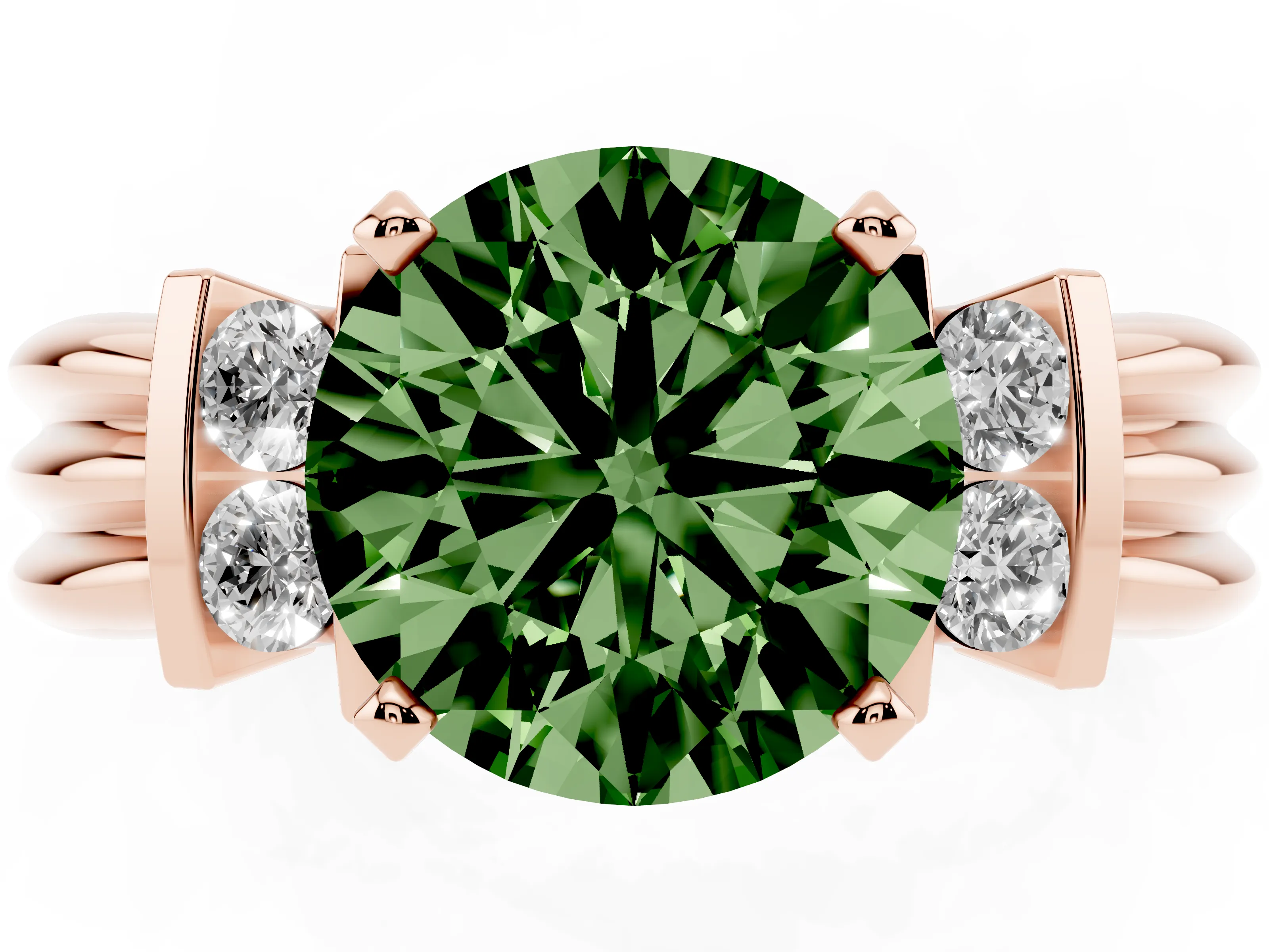 Fancy Green Three-Stone Round Cut Diamond Channel Set Ring Set in Rose gold with Bar Prongs