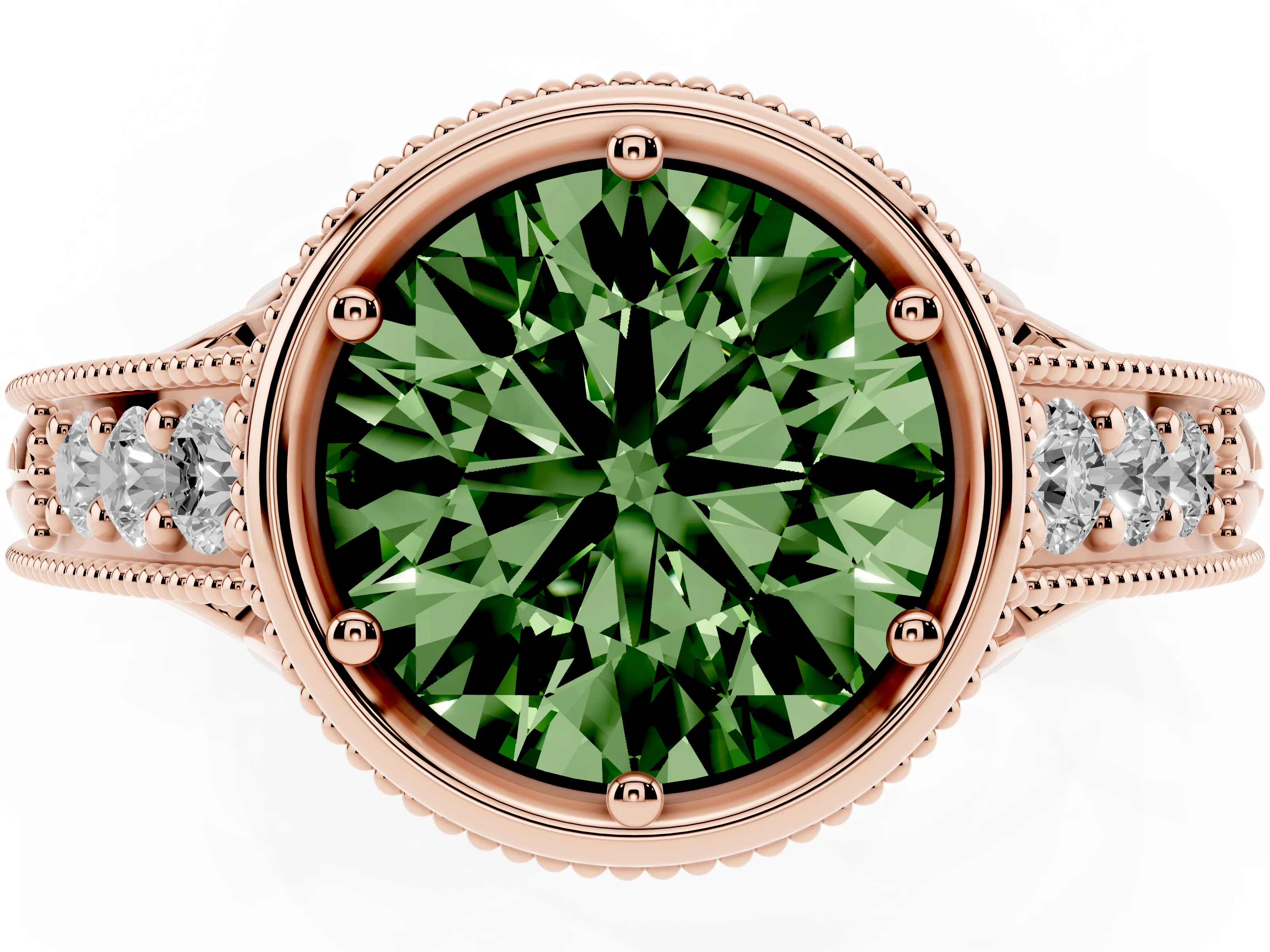 Fancy Green Bezel Set Round Cut Diamond Milgrain Pavé Engagement Ring Set in Rose gold