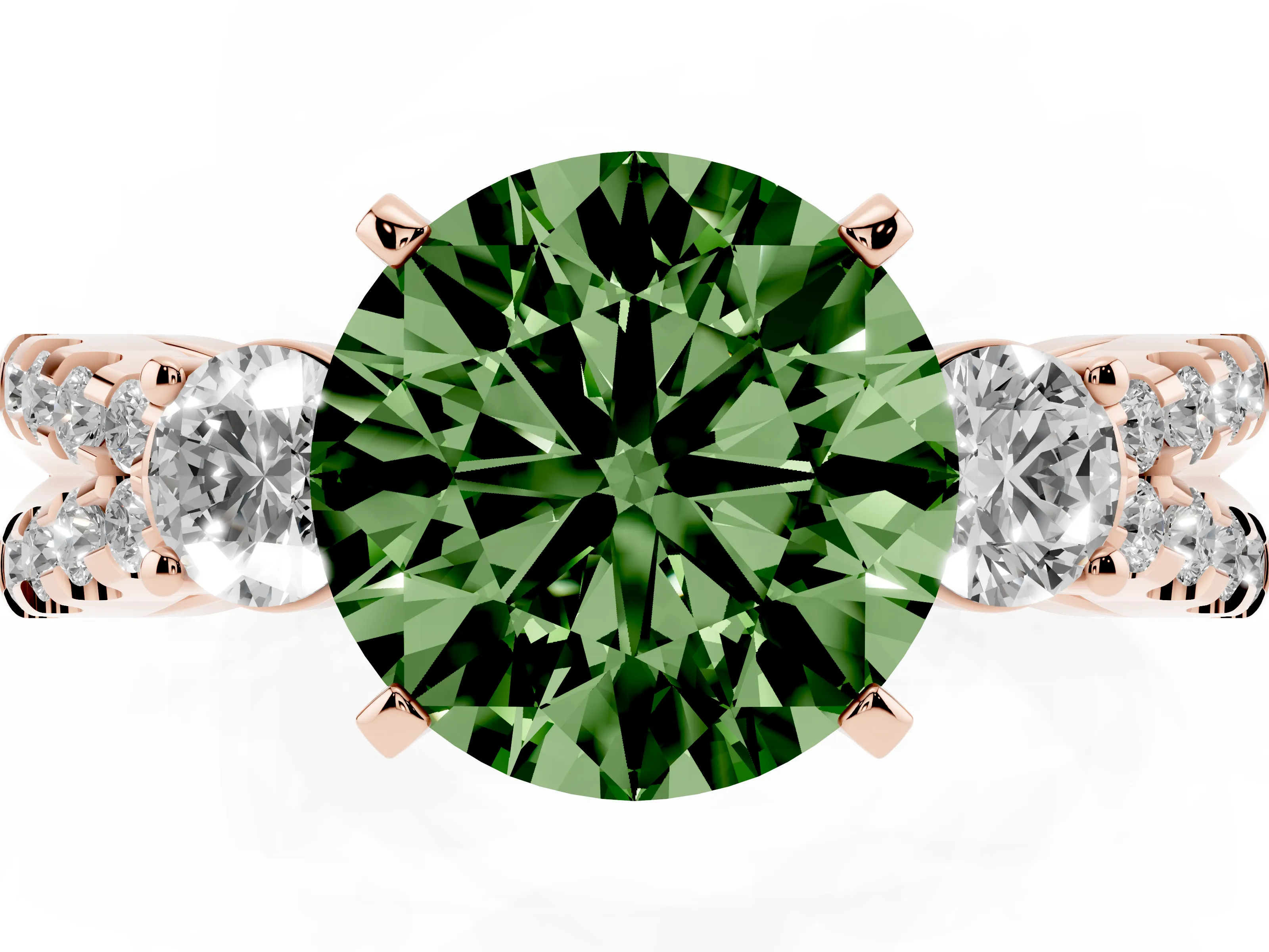 Fancy Green Round Cut Diamond Three-Stone Ring Set in Rose gold with Pavé Split Shank and Prong Setting