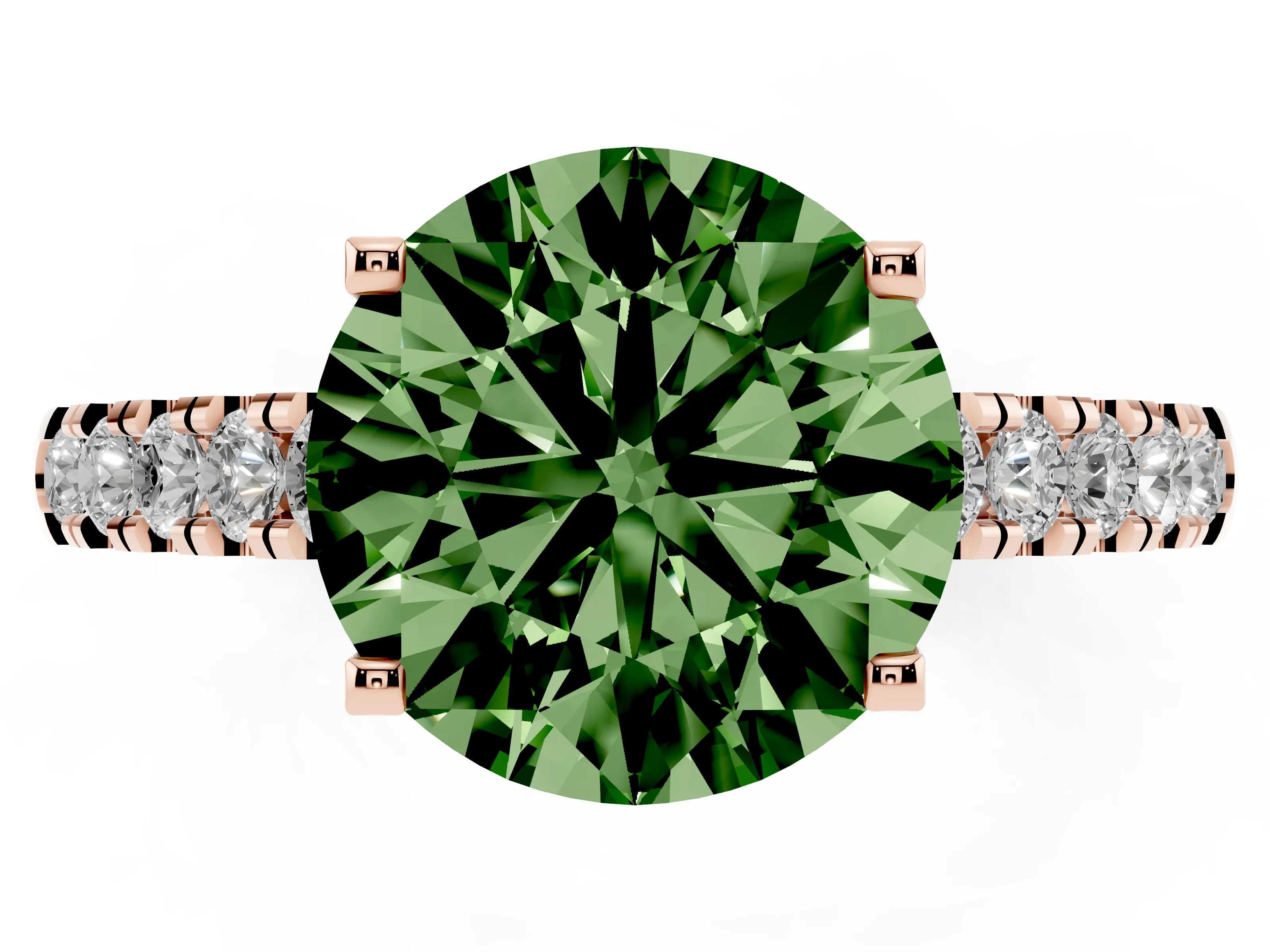 Fancy Green Round Cut Diamond Pavé Band Solitaire Ring Set in Rose gold with Partway Accent Stones and Prong Setting