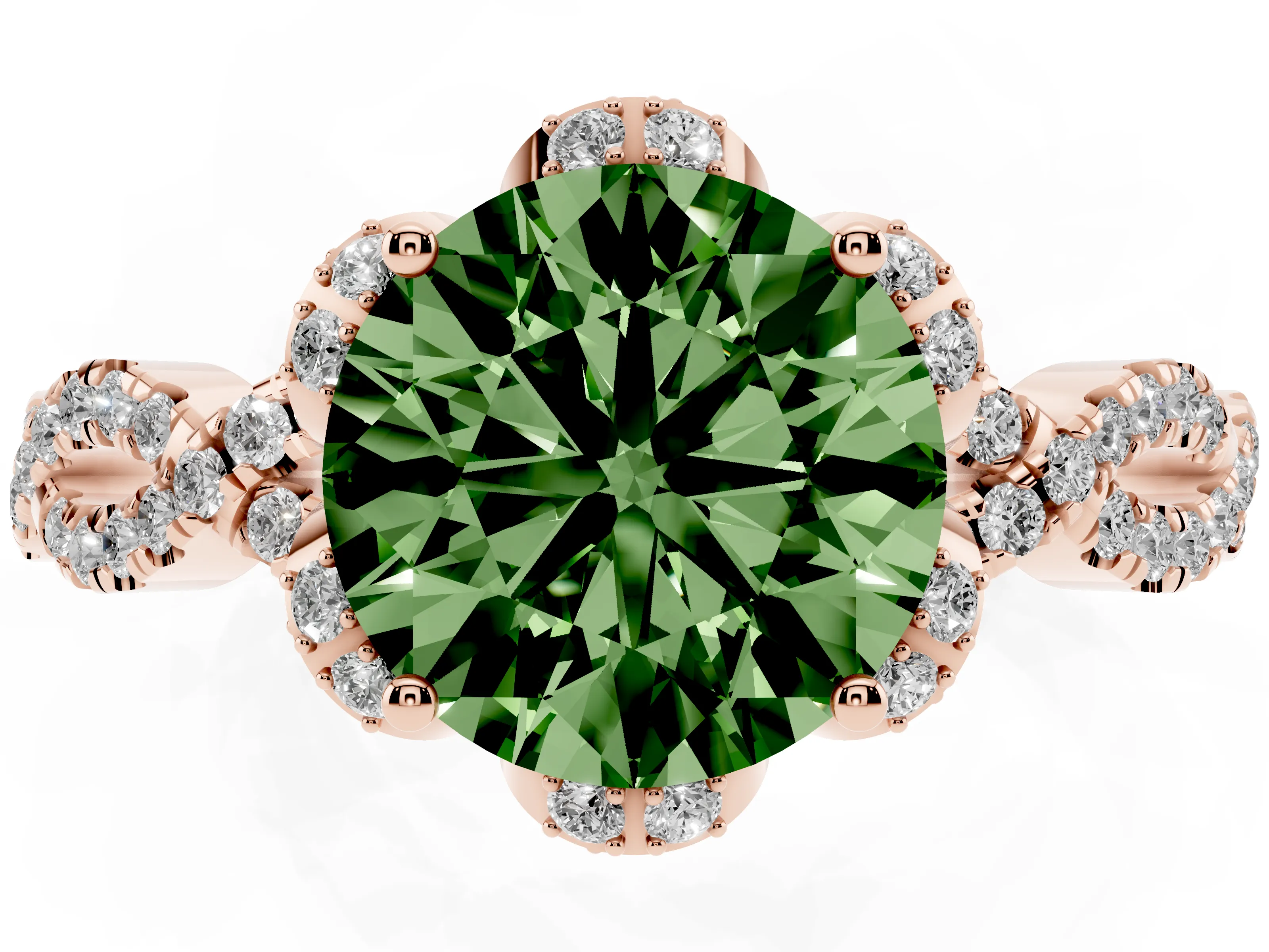 Fancy Green Round Cut Diamond Halo Twist Band Solitaire Ring Set in Rose gold with Prong-Set Center Stone