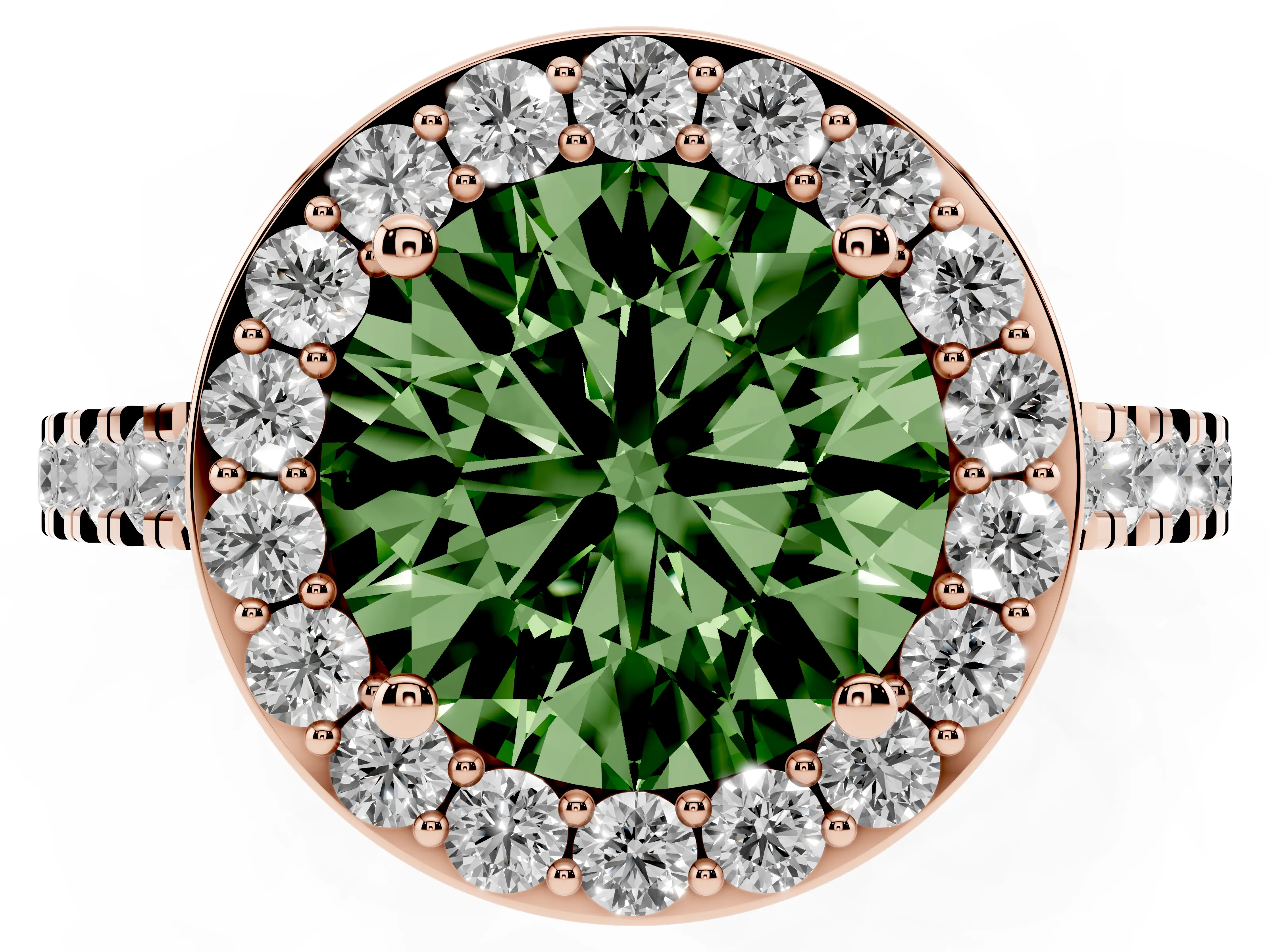 Fancy Green Round Cut Diamond Halo Ring Set in Rose gold with Round Pavé Split Shank and Prong Setting