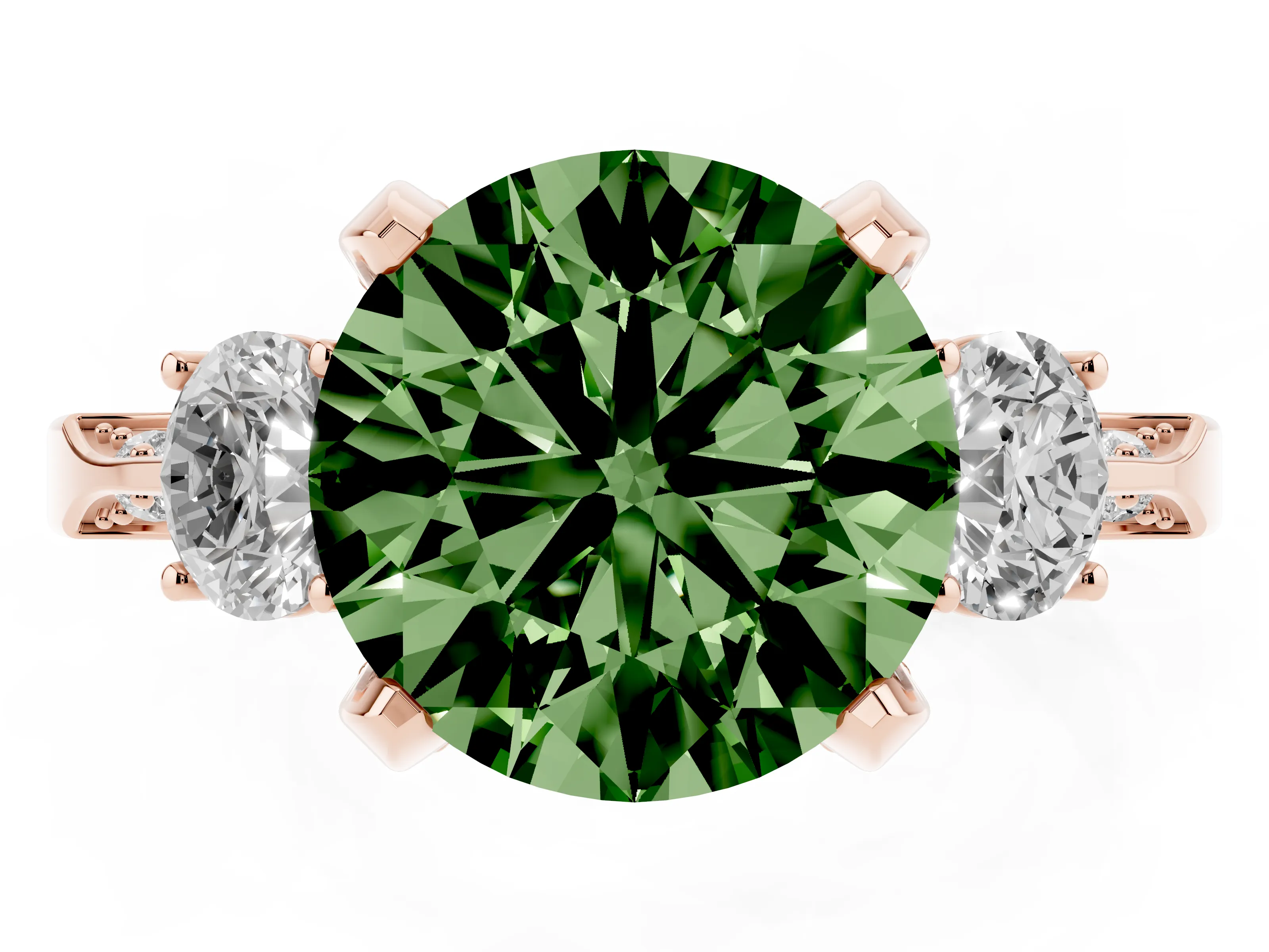 Fancy Green Round Cut Diamond Three-Stone Ring Set in Rose gold with Pavé Band and Smaller Side Stones