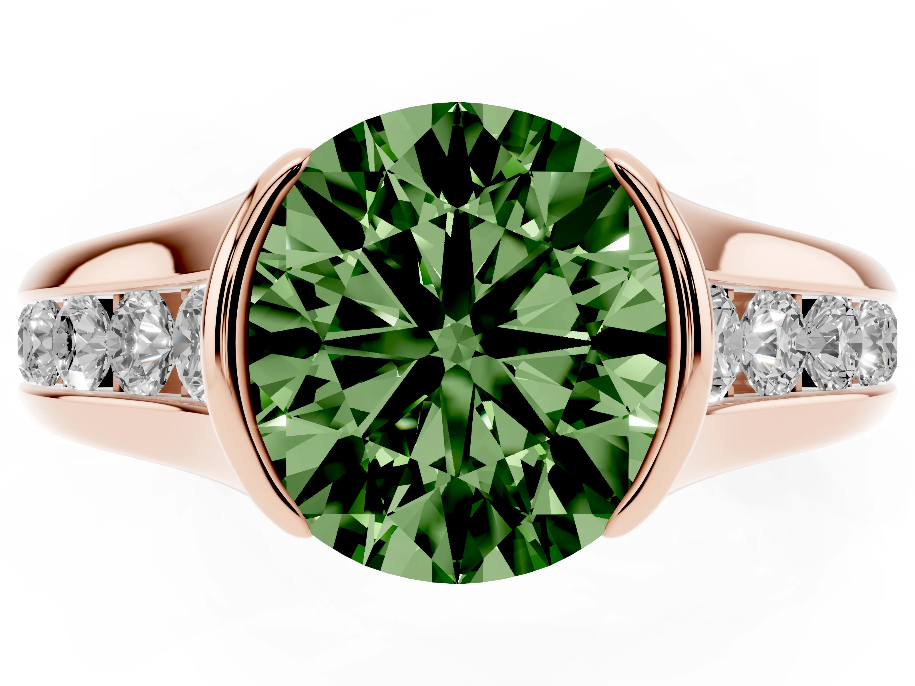 Fancy Green Round Cut Diamond Bezel-Set Solitaire Ring Set in Rose gold with Channel-Set Band