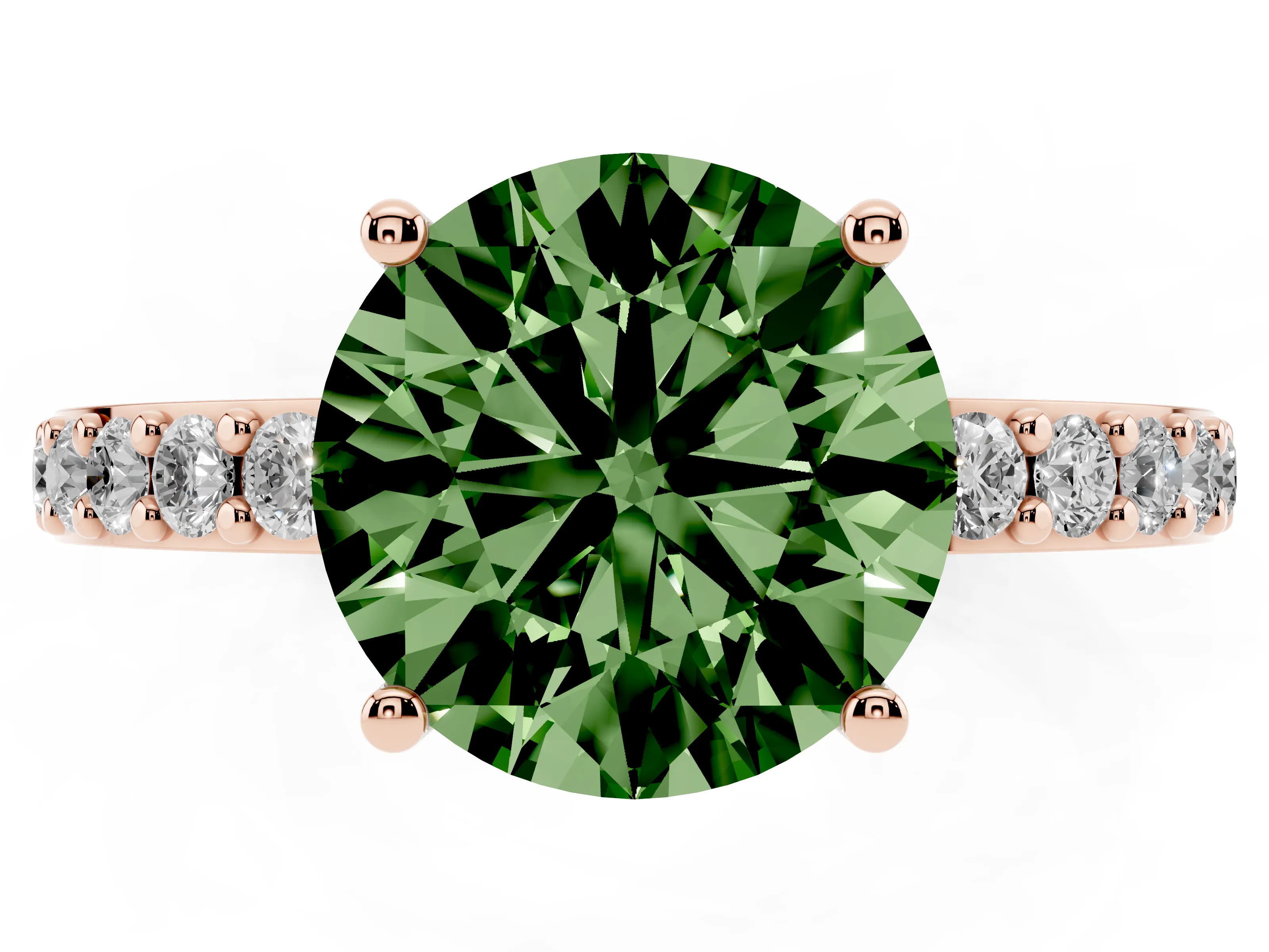 Fancy Green Round Cut Diamond Solitaire Set in Rose gold with Round Pavé Band and Prong Setting