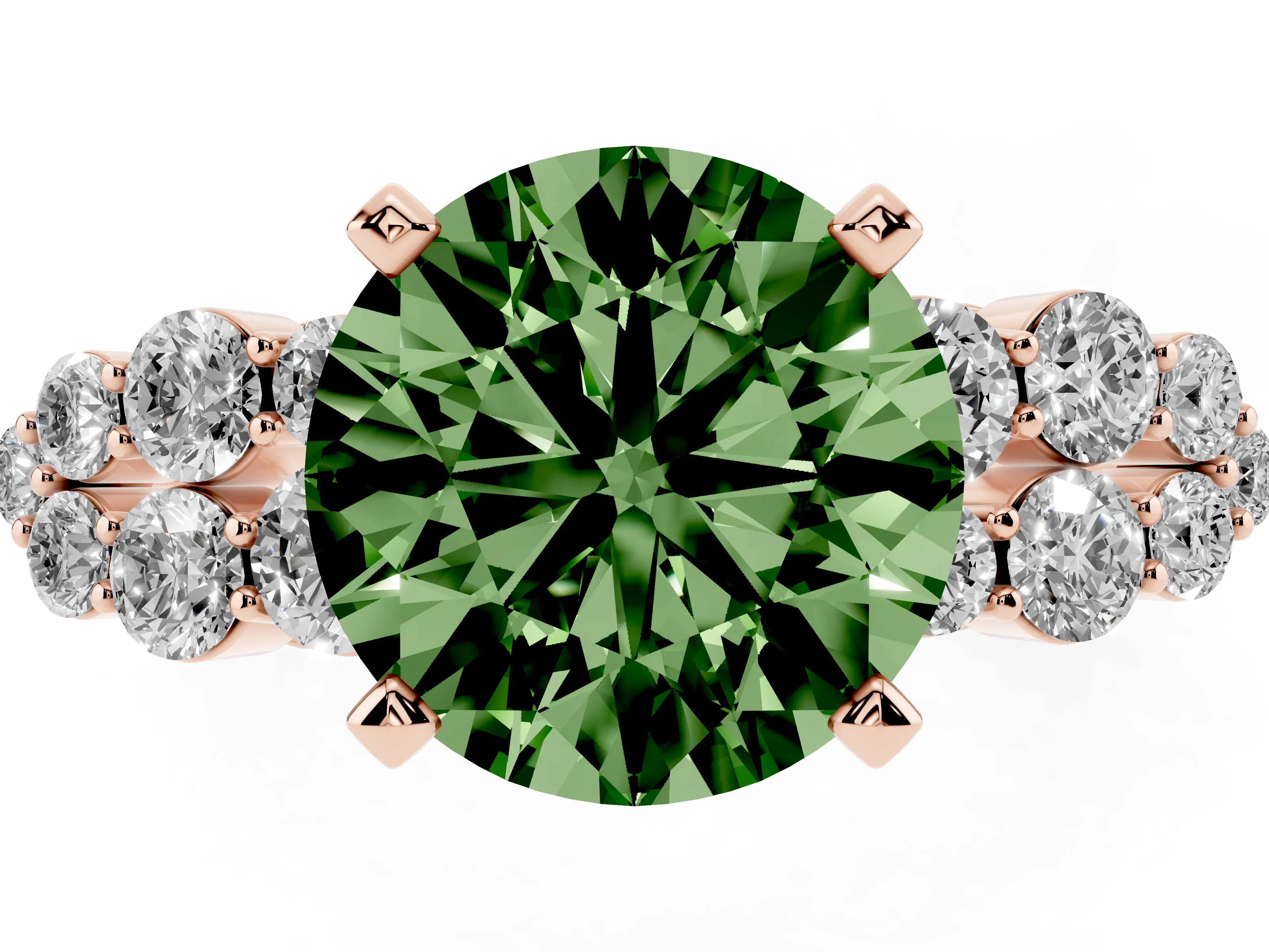 Fancy Green Round Cut Diamond Cluster Engagement Ring Set in Rose gold with Pavé Band and Prong Setting