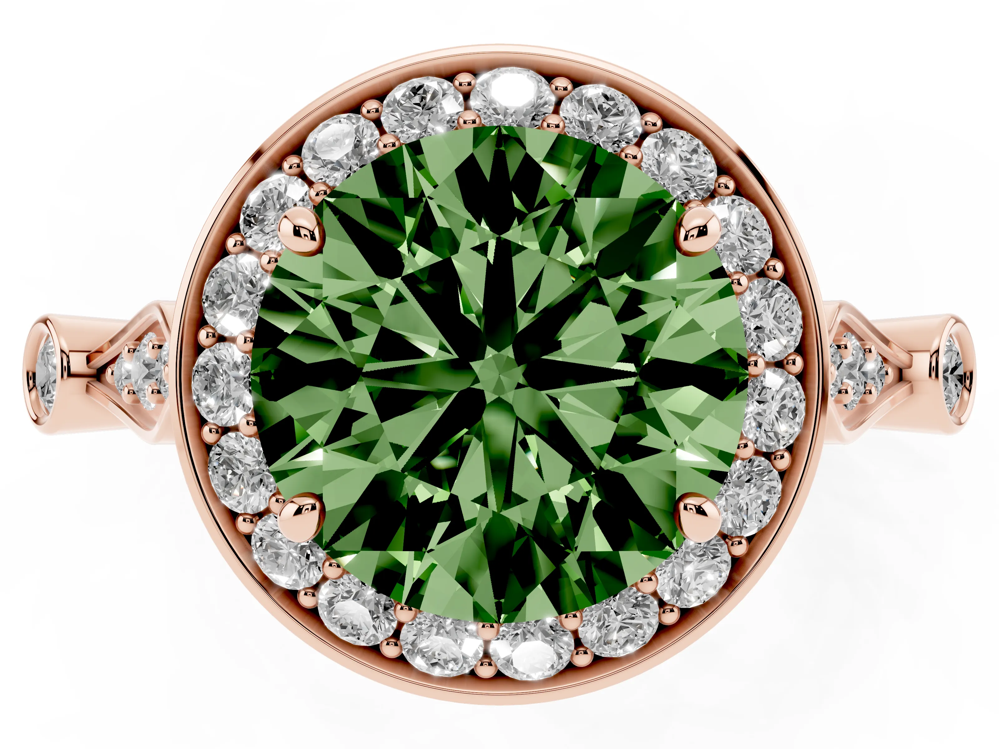 Fancy Green Round Cut Diamond Halo Engagement Ring Set in Rose gold with Twisted Band and Prong Setting