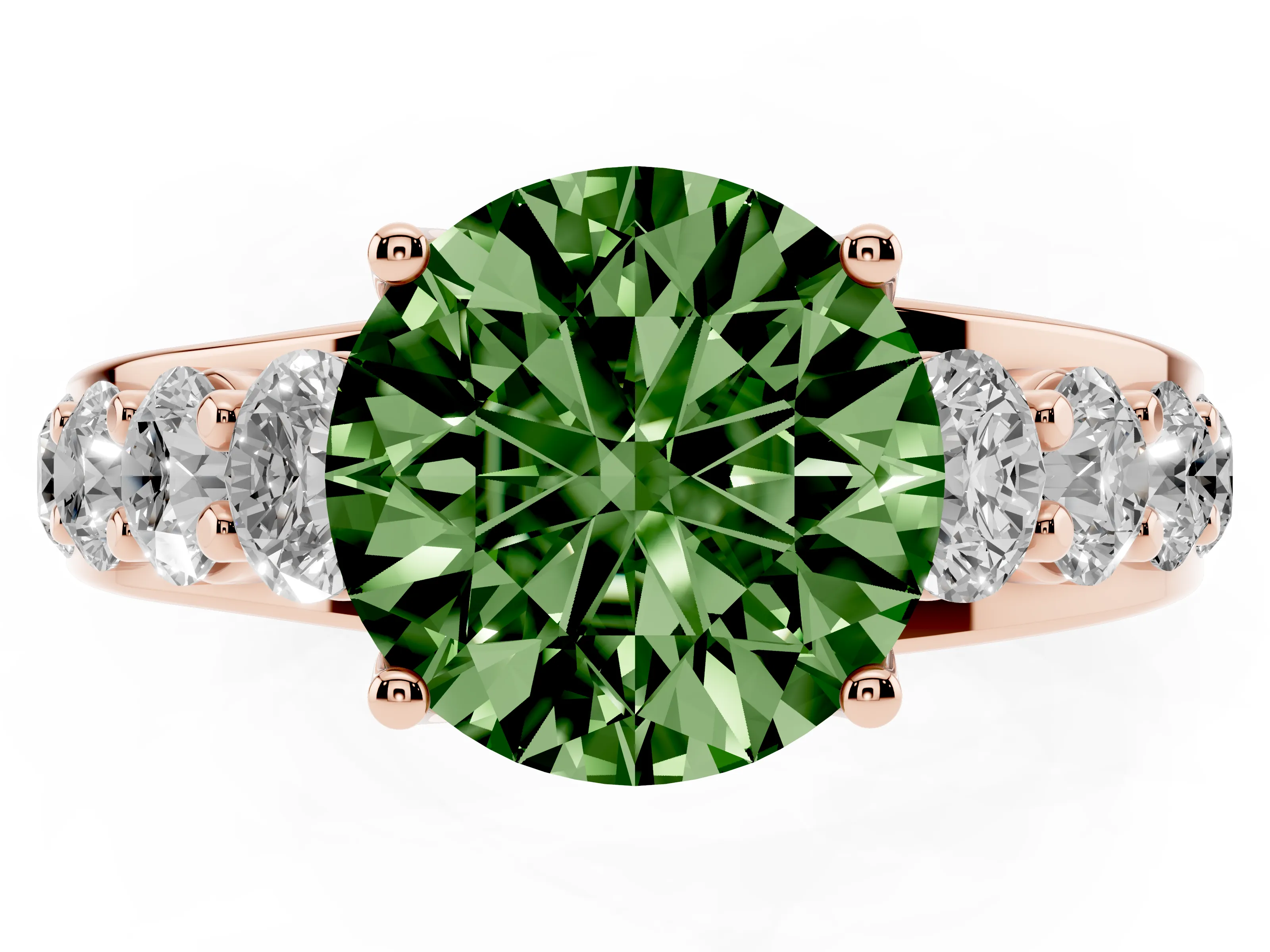 Fancy Green Round Cut Diamond Pavé Engagement Ring Set in Rose gold with Prong Setting