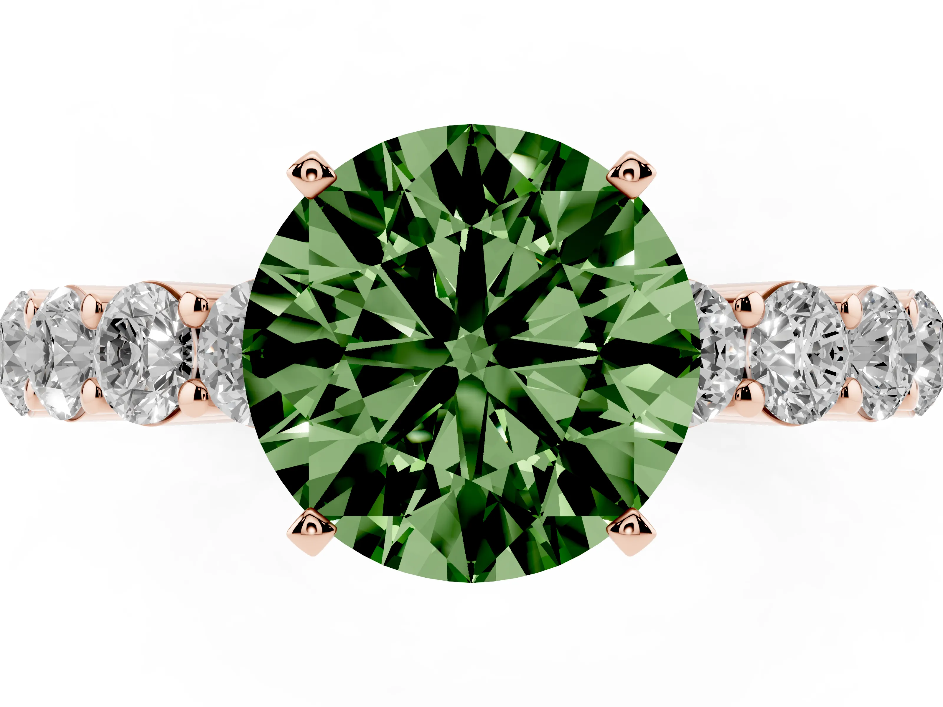 Fancy Green Round Cut Diamond Solitaire Ring Set in Rose gold with Shared Prong Round Side Stones