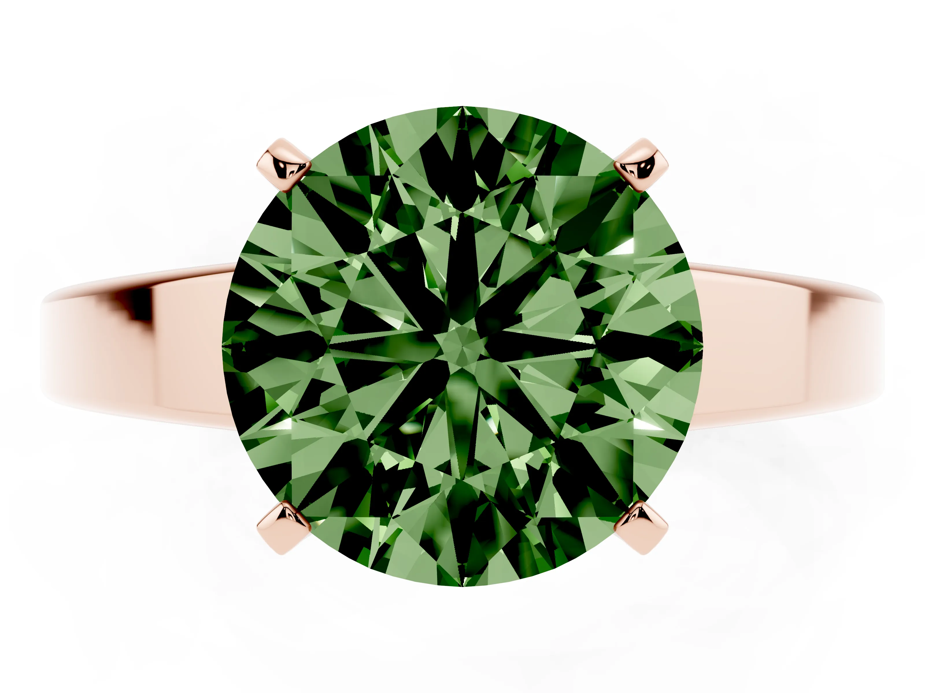 Fancy Green Round Cut Diamond Solitaire Engagement Ring Set in Rose gold with Prong Setting and Tapered Band