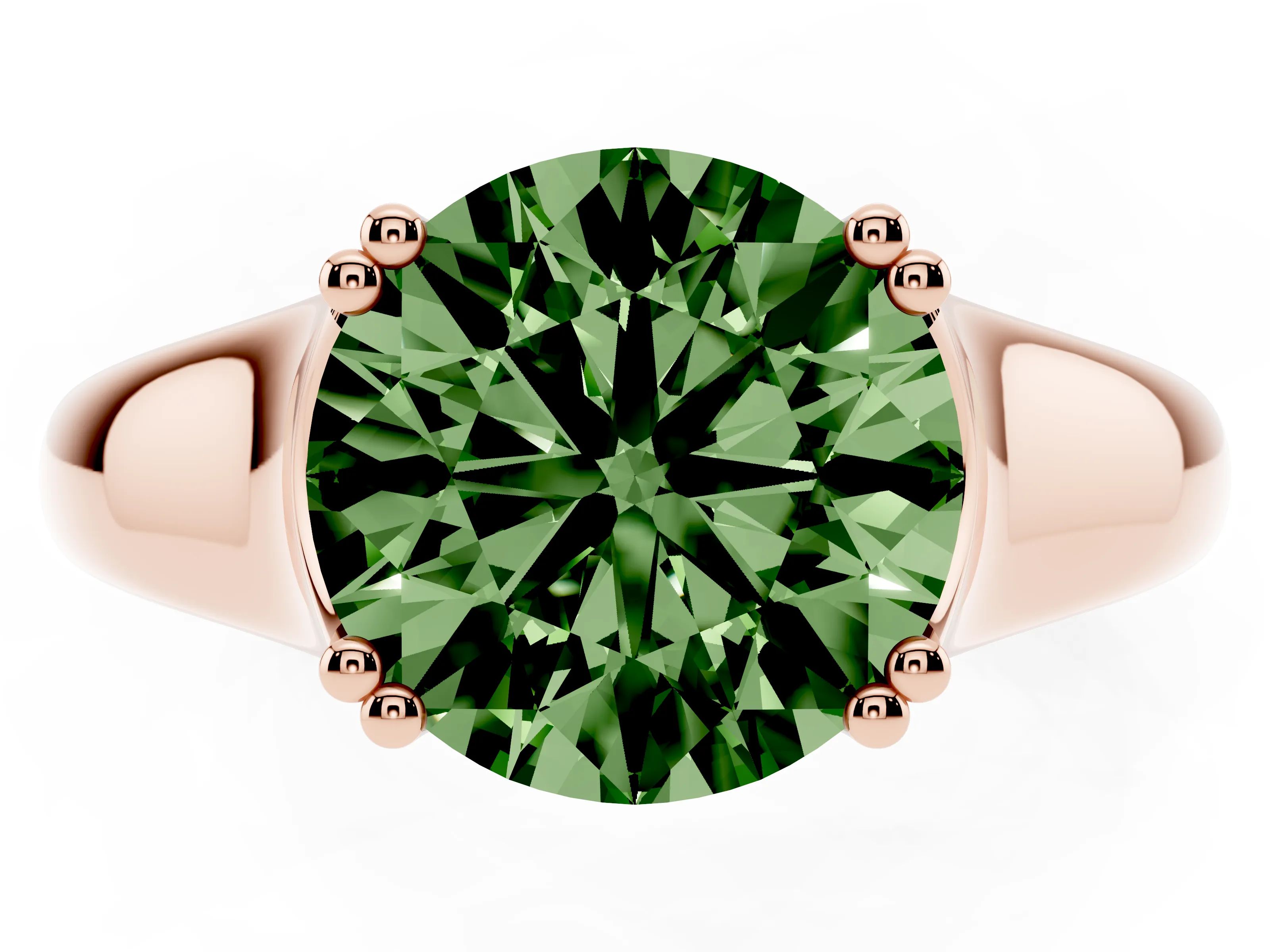 Fancy Green Round Cut Diamond Solitaire Ring Set in Rose gold with Wide Band and Prong Setting
