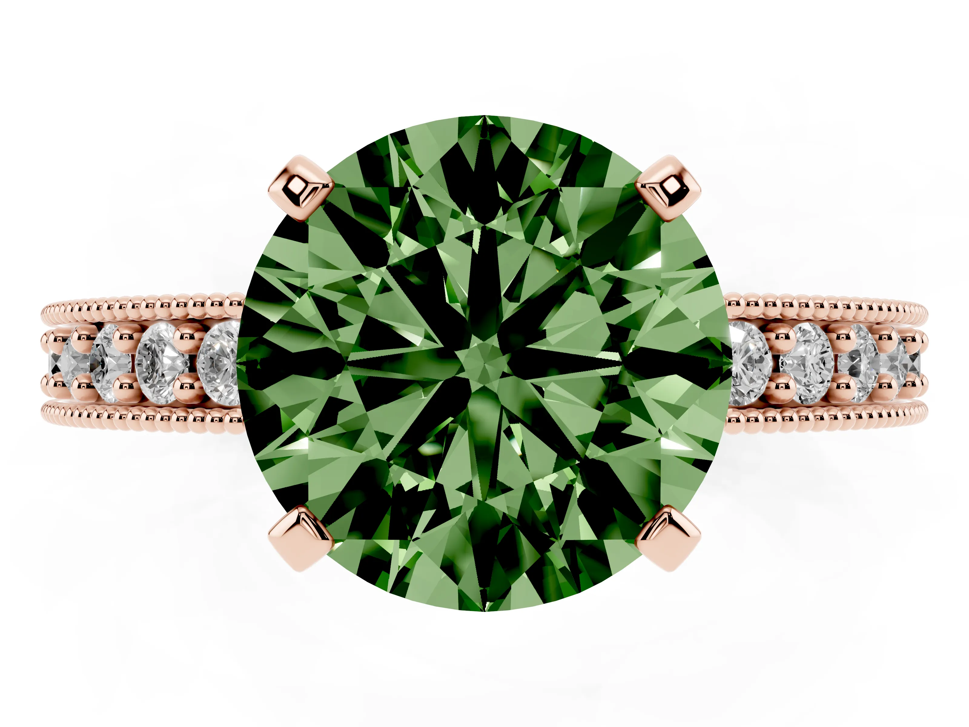 Fancy Green Round Cut Diamond Milgrain Pavé Engagement Ring Set in Rose gold with Prong Setting