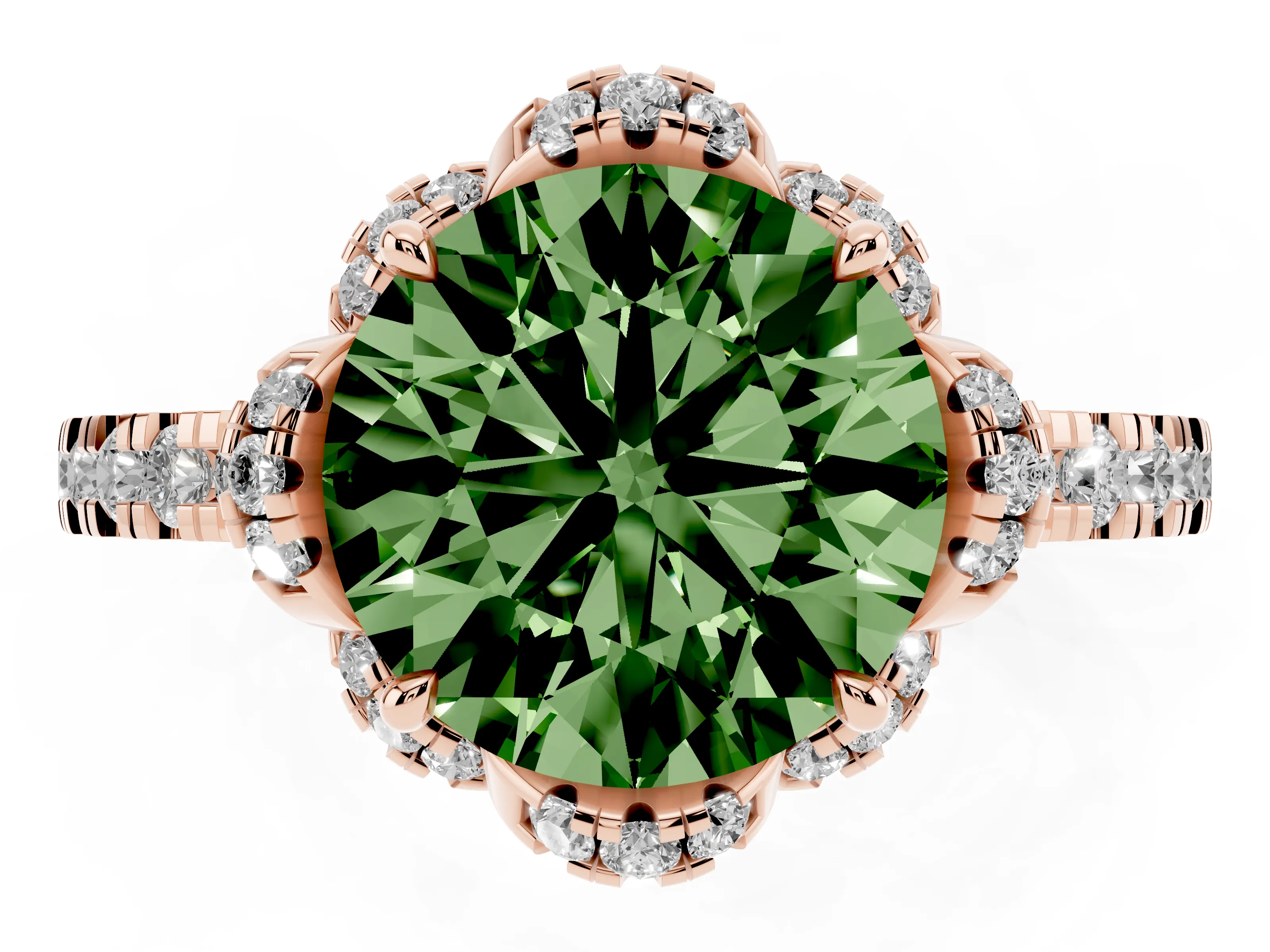 Fancy Green Round Cut Diamond Halo Pavé Band Ring Set in Rose gold with Prong-Held Center