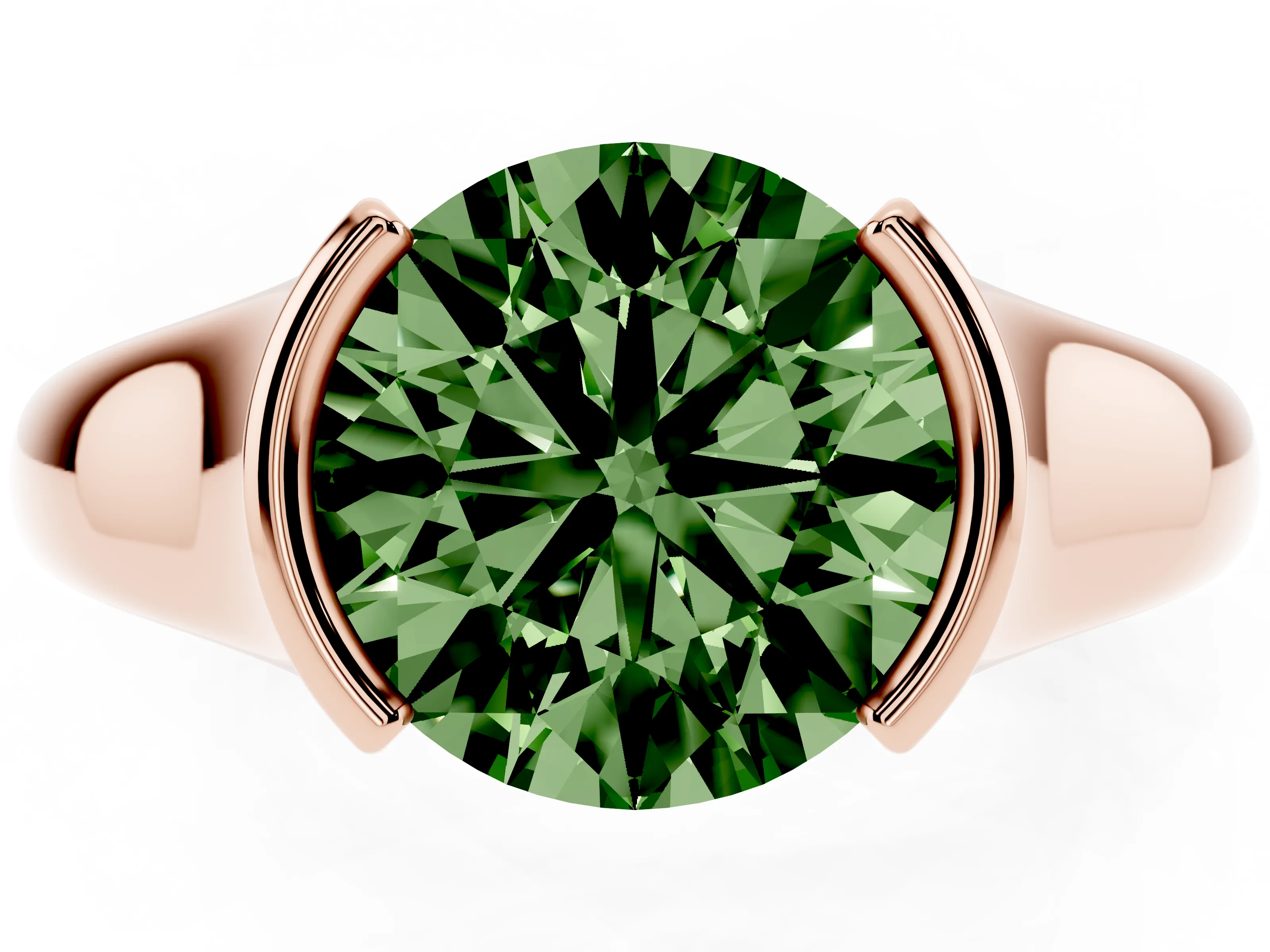 Fancy Green Round Cut Diamond Solitaire Tension Set Ring Set in Rose gold with Split Shank Band
