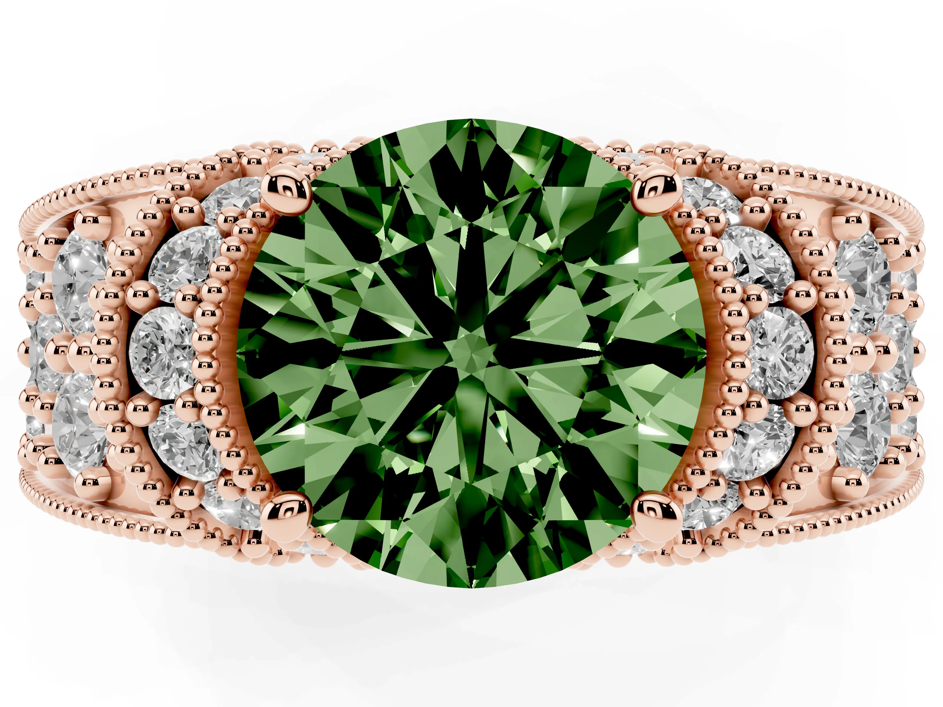 Fancy Green Round Cut Diamond Milgrain Halo Pavé Engagement Ring Set in Rose gold with Prong Setting
