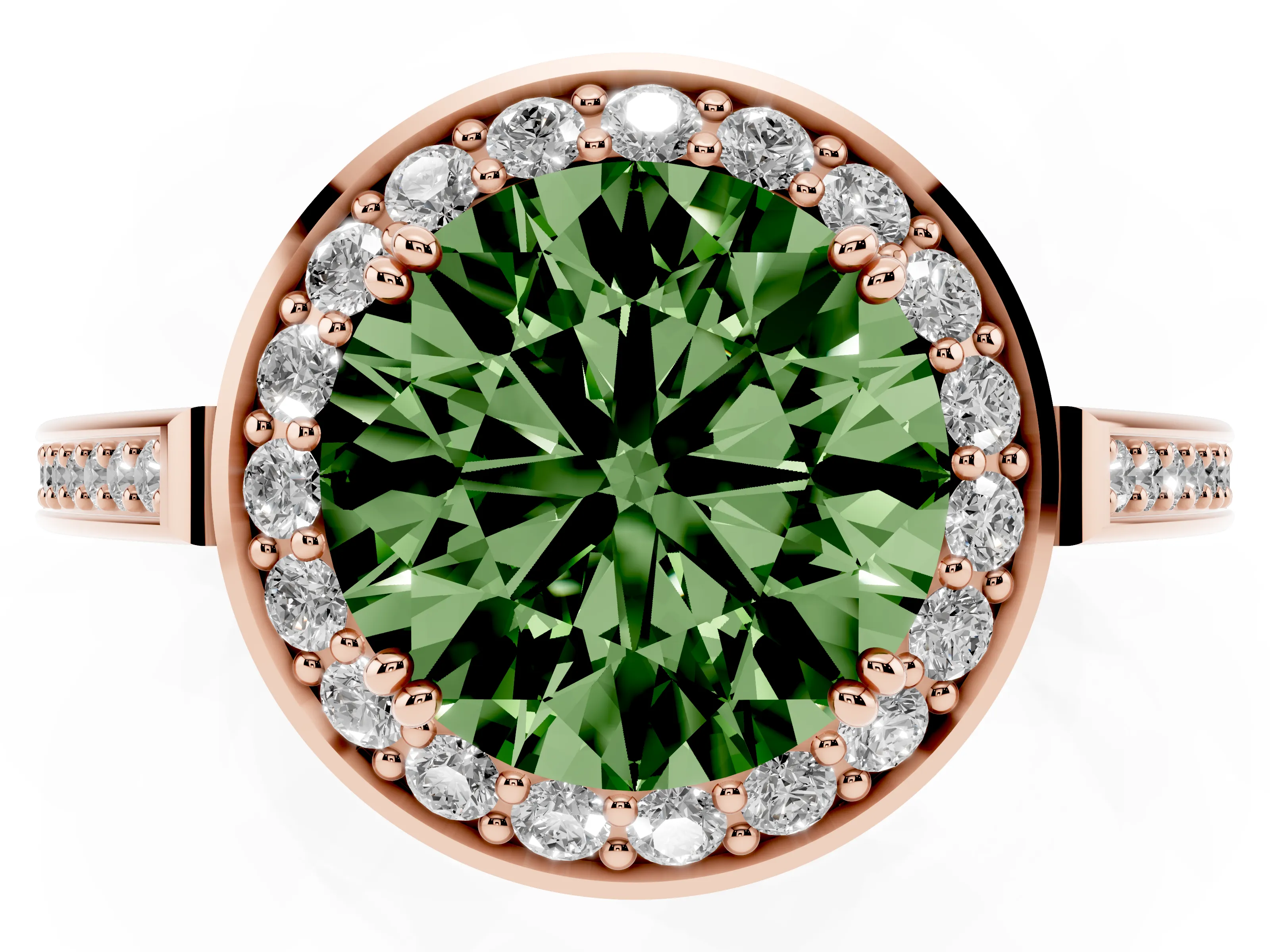 Fancy Green Round Cut Diamond Halo Ring Set in Rose gold with Accent-Lined Split Shank and Prong Setting