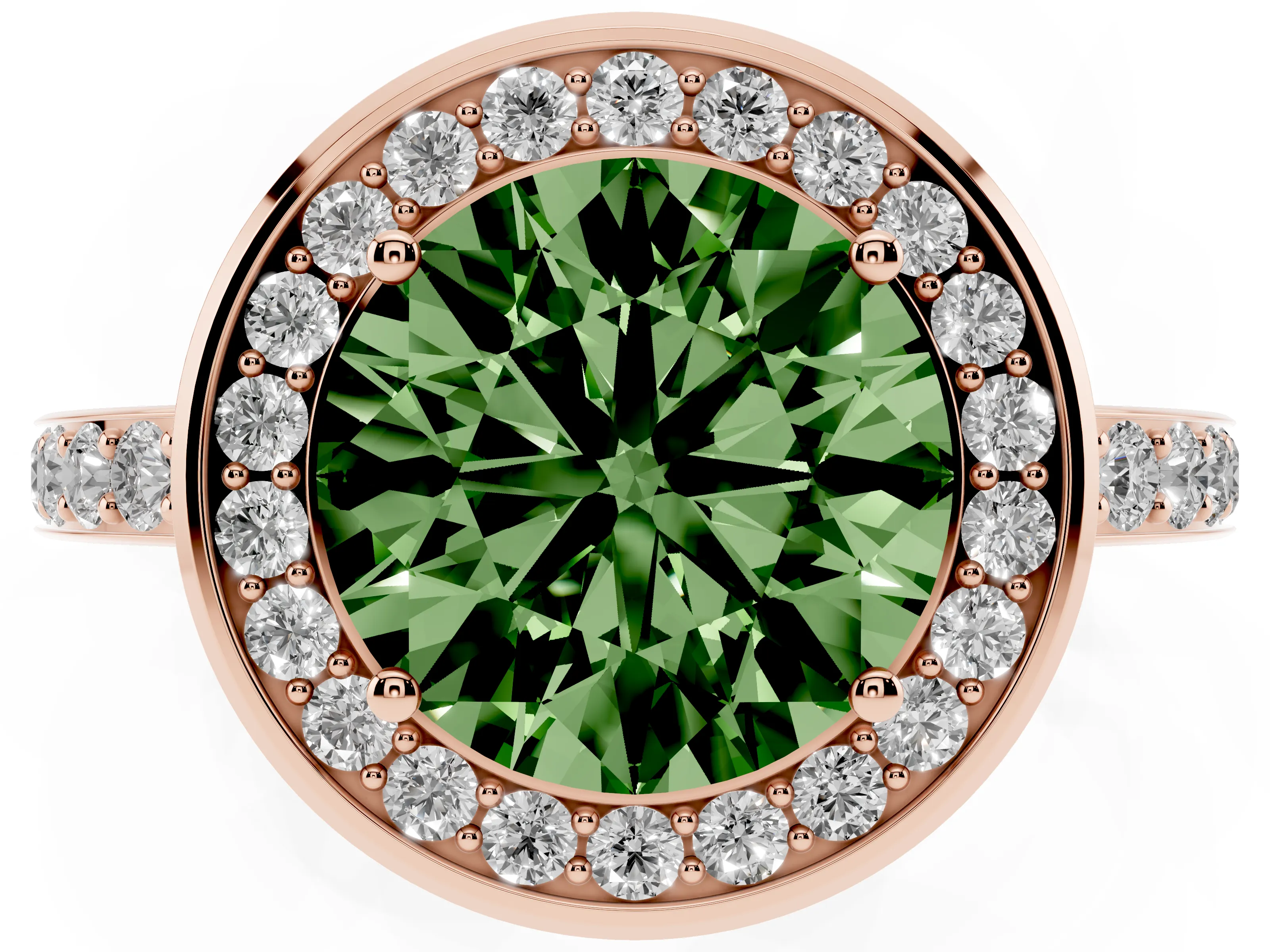 Fancy Green Round Cut Diamond Halo Ring Set in Rose gold with Bezel Frame and Pavé Band