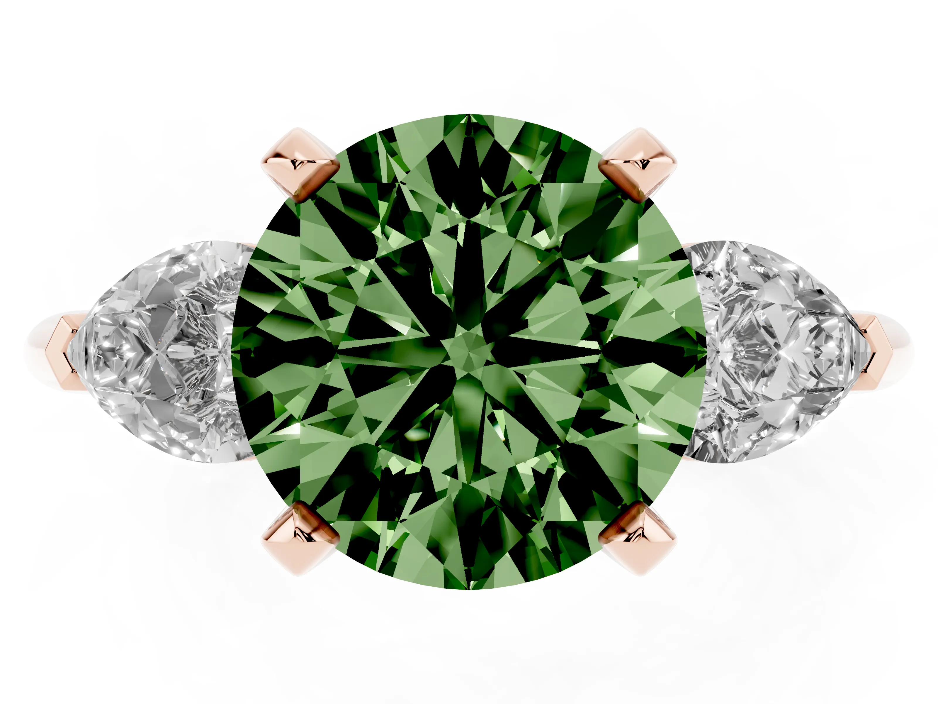 Fancy Green Three-Stone Round Cut Diamond Ring Set in Rose gold with Pear Side Stones and Prong Setting