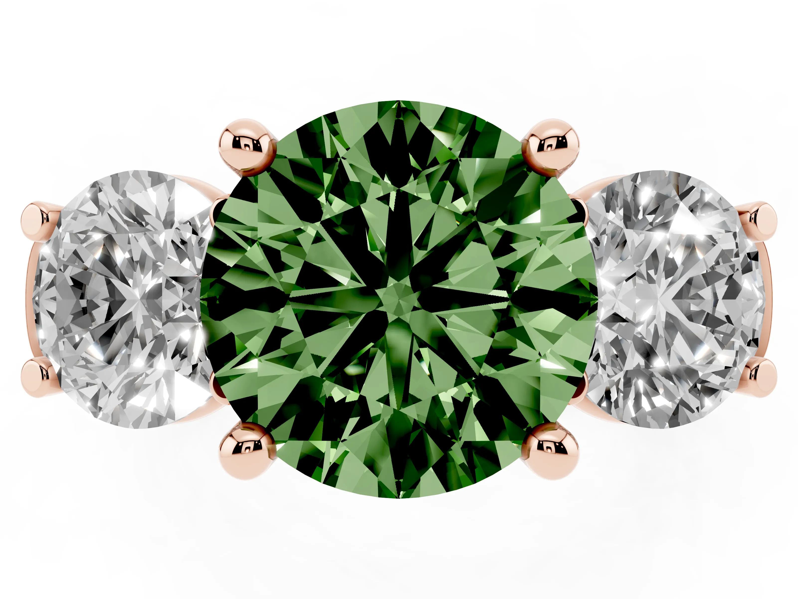 Fancy Green Round Cut Diamond Three-Stone Trellis Ring Set in Rose gold with Comfort Fit Band