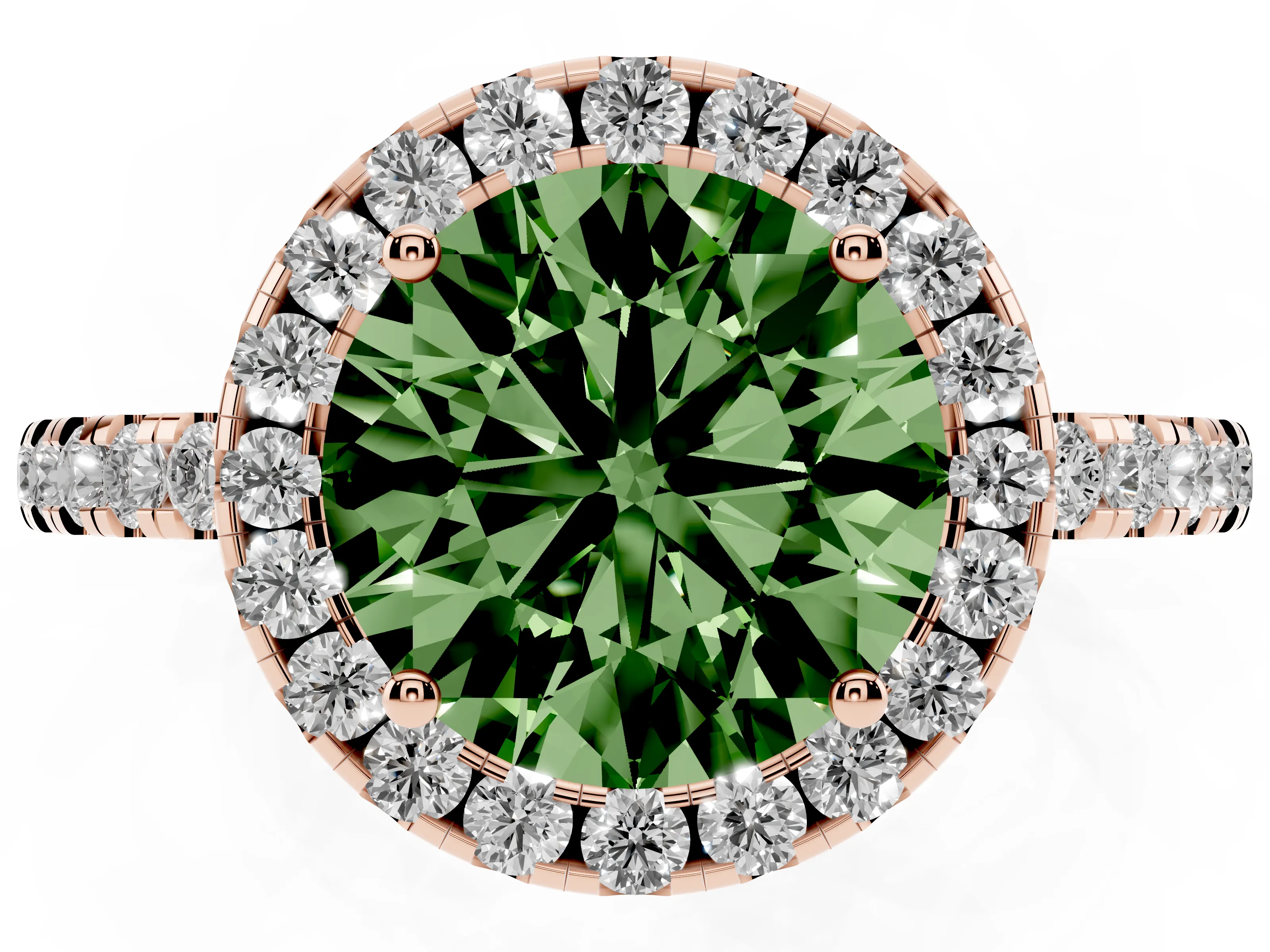 Fancy Green Round Cut Diamond Pavé Band Halo Engagement Ring Set in Rose gold with Prong Setting