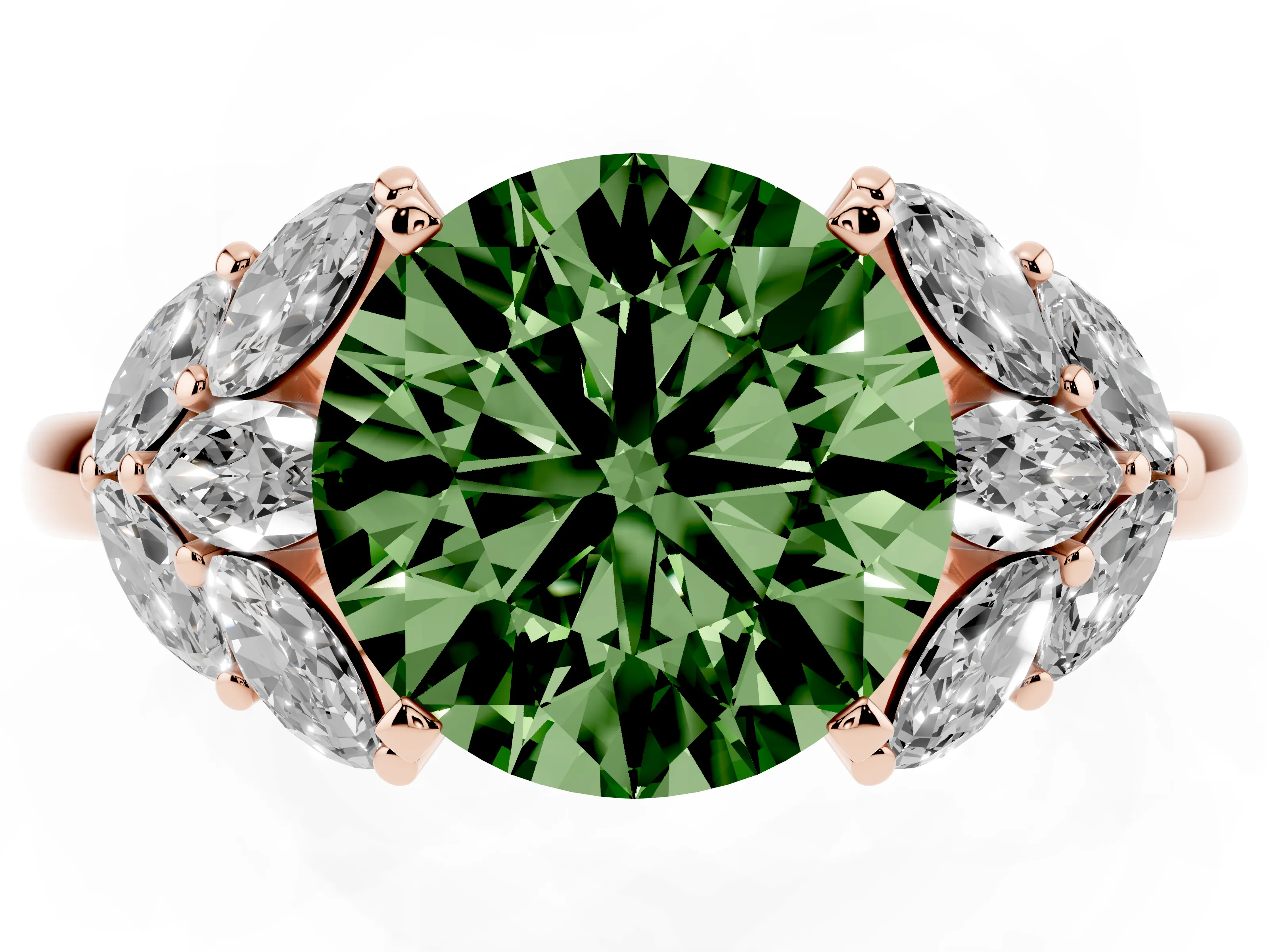 Fancy Green Round Cut Diamond Cluster Leaf Design Ring Set in Rose gold with Prong Setting