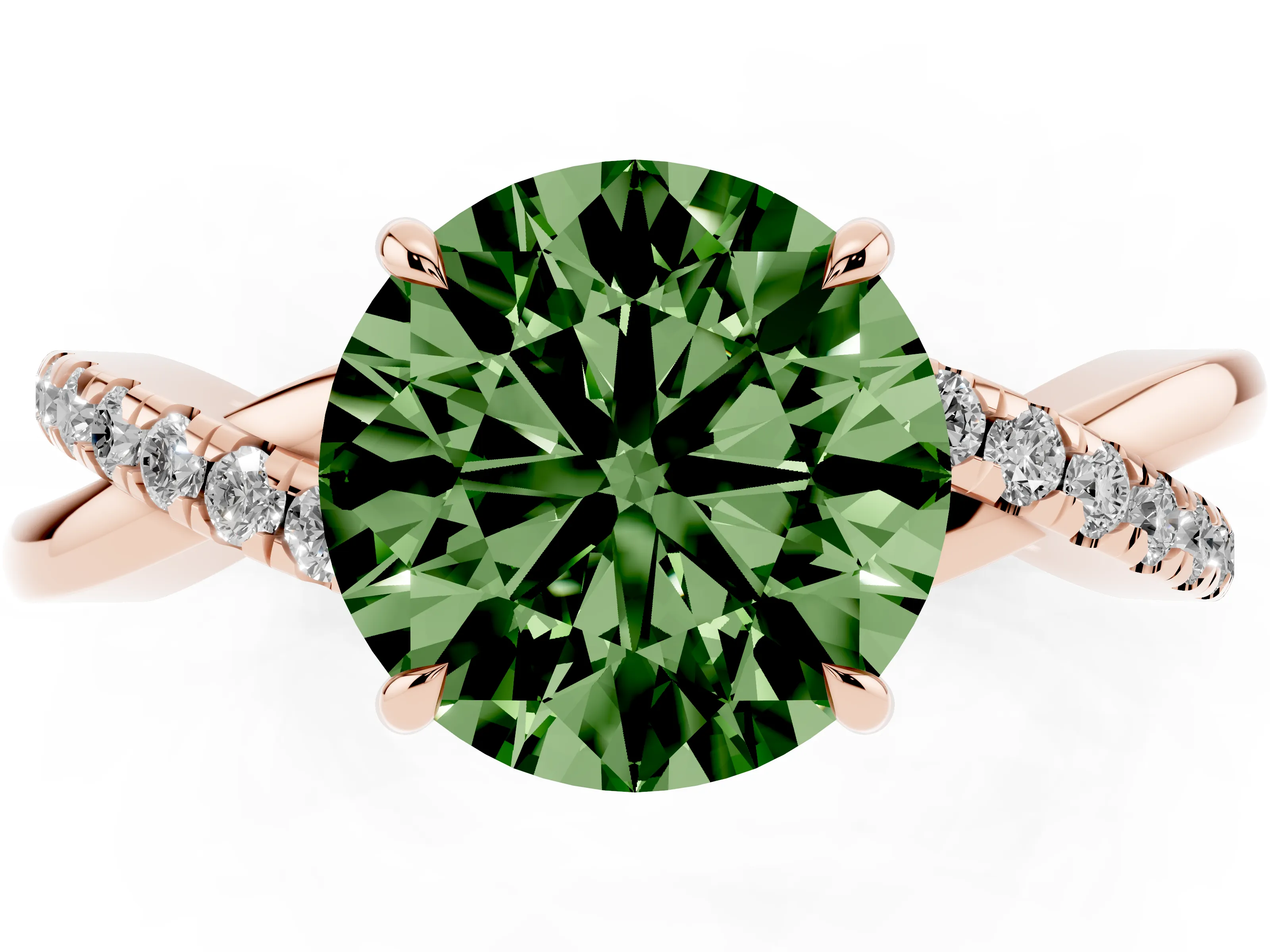 Fancy Green Round Cut Diamond Twisted Pavé Band Ring Set in Rose gold with Prong Setting