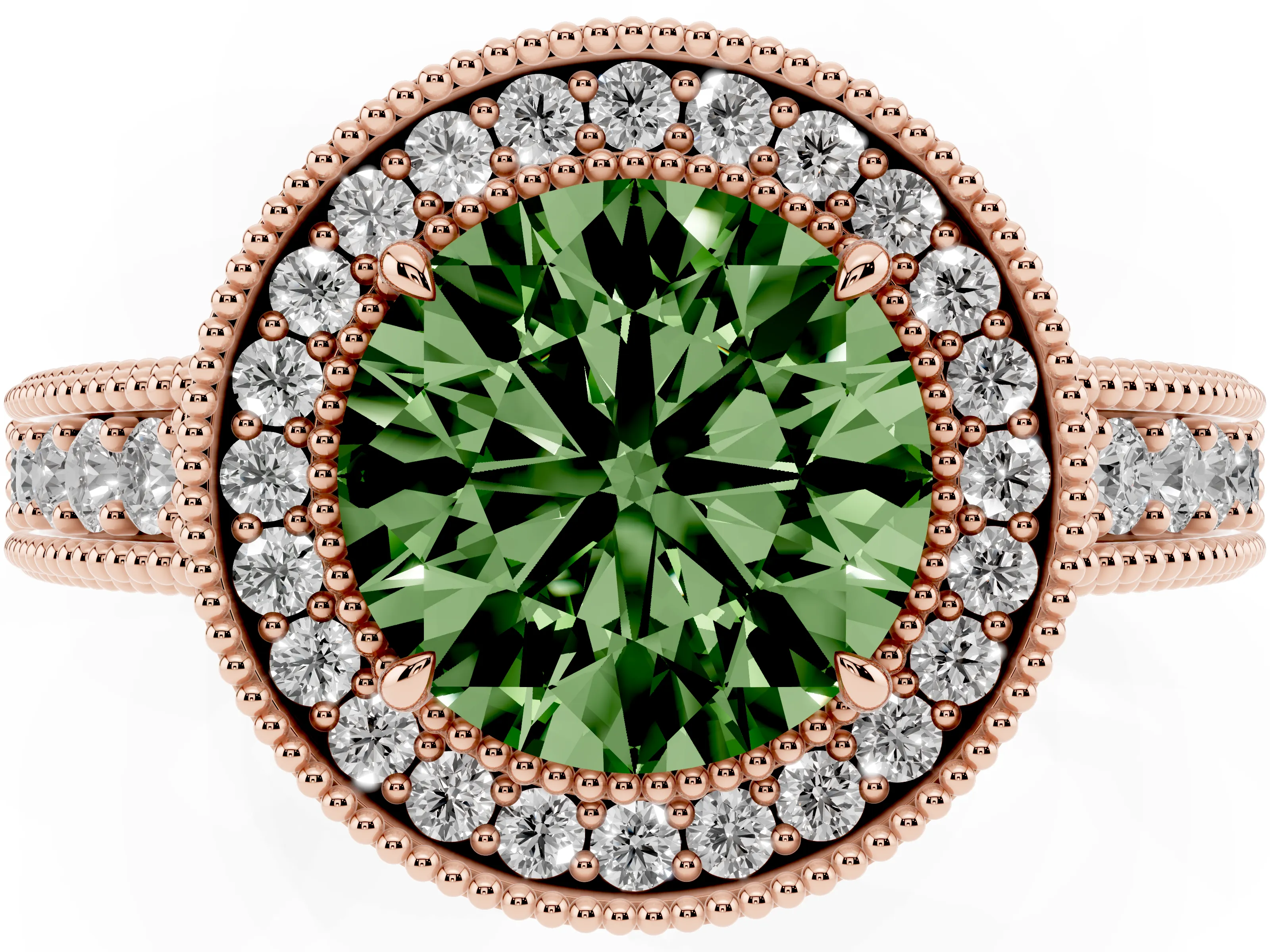 Fancy Green Round Cut Diamond Halo Ring Set in Rose gold with Round Accent Halo, Pavé Band and Prong Setting