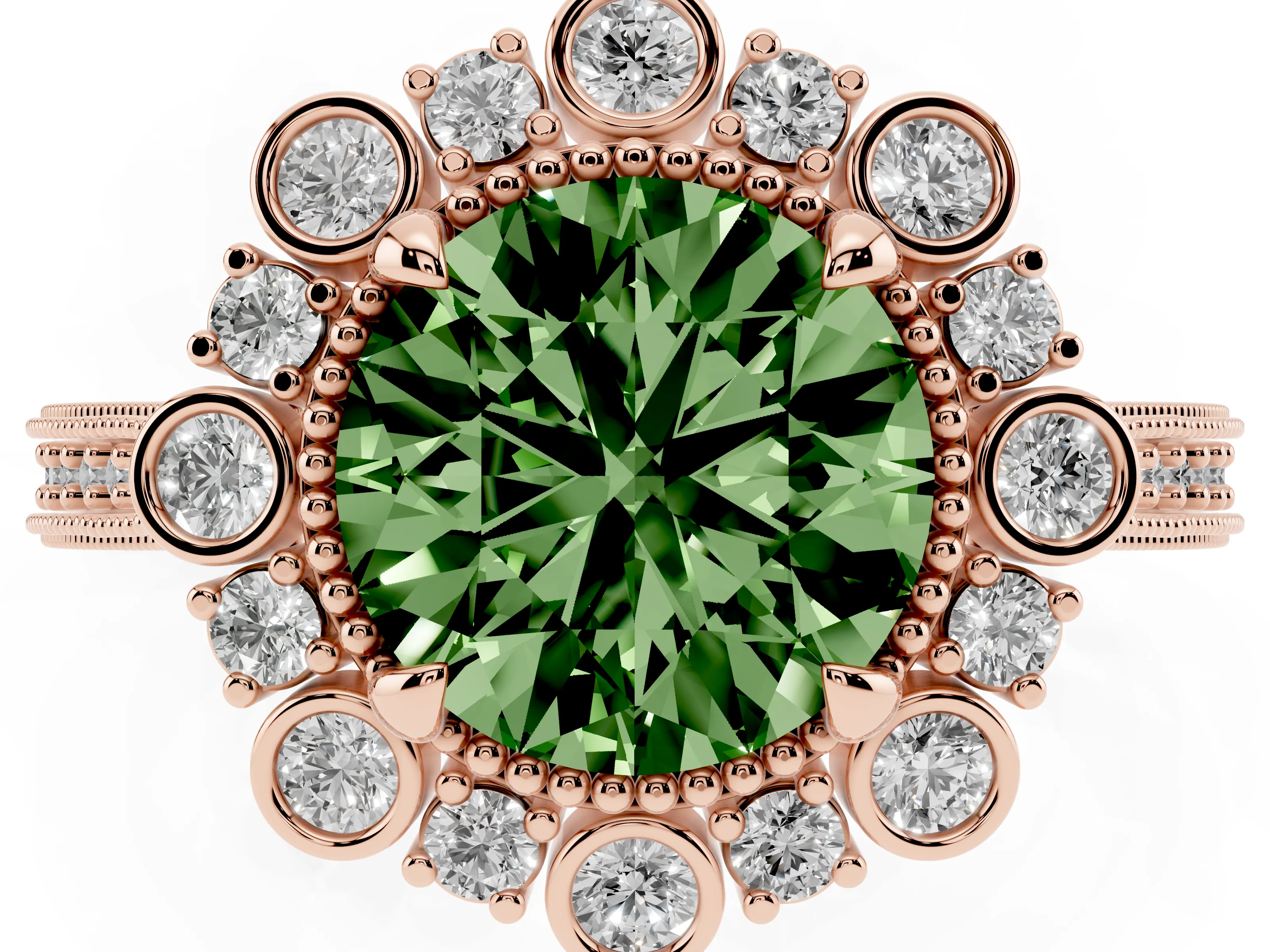 Fancy Green Round Cut Diamond Halo Milgrain Pavé Ring Set in Rose gold with Prong Setting