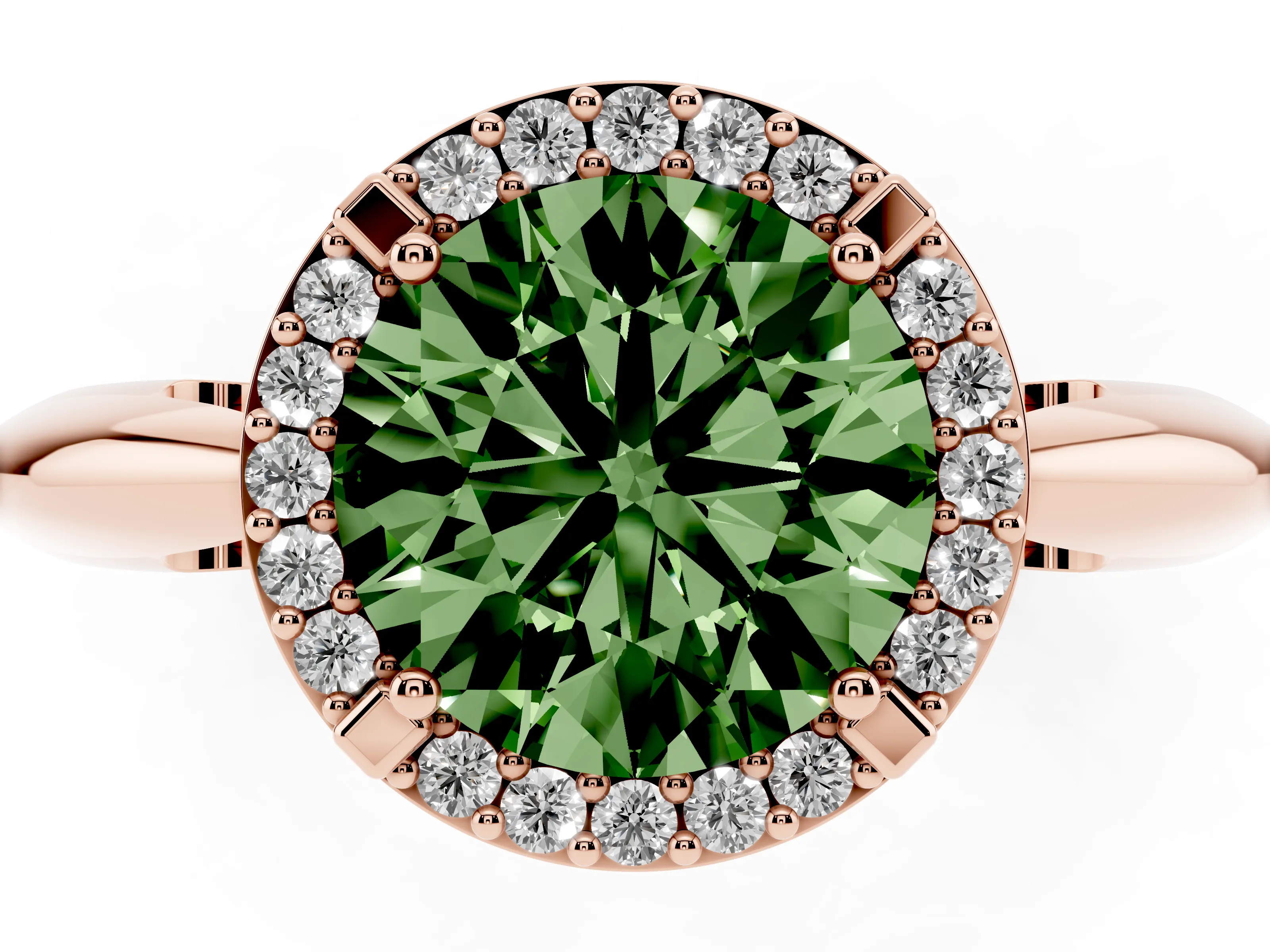 Fancy Green Round Cut Diamond Halo Engagement Ring Set in Rose gold with Plain Split Shank and Prong Setting