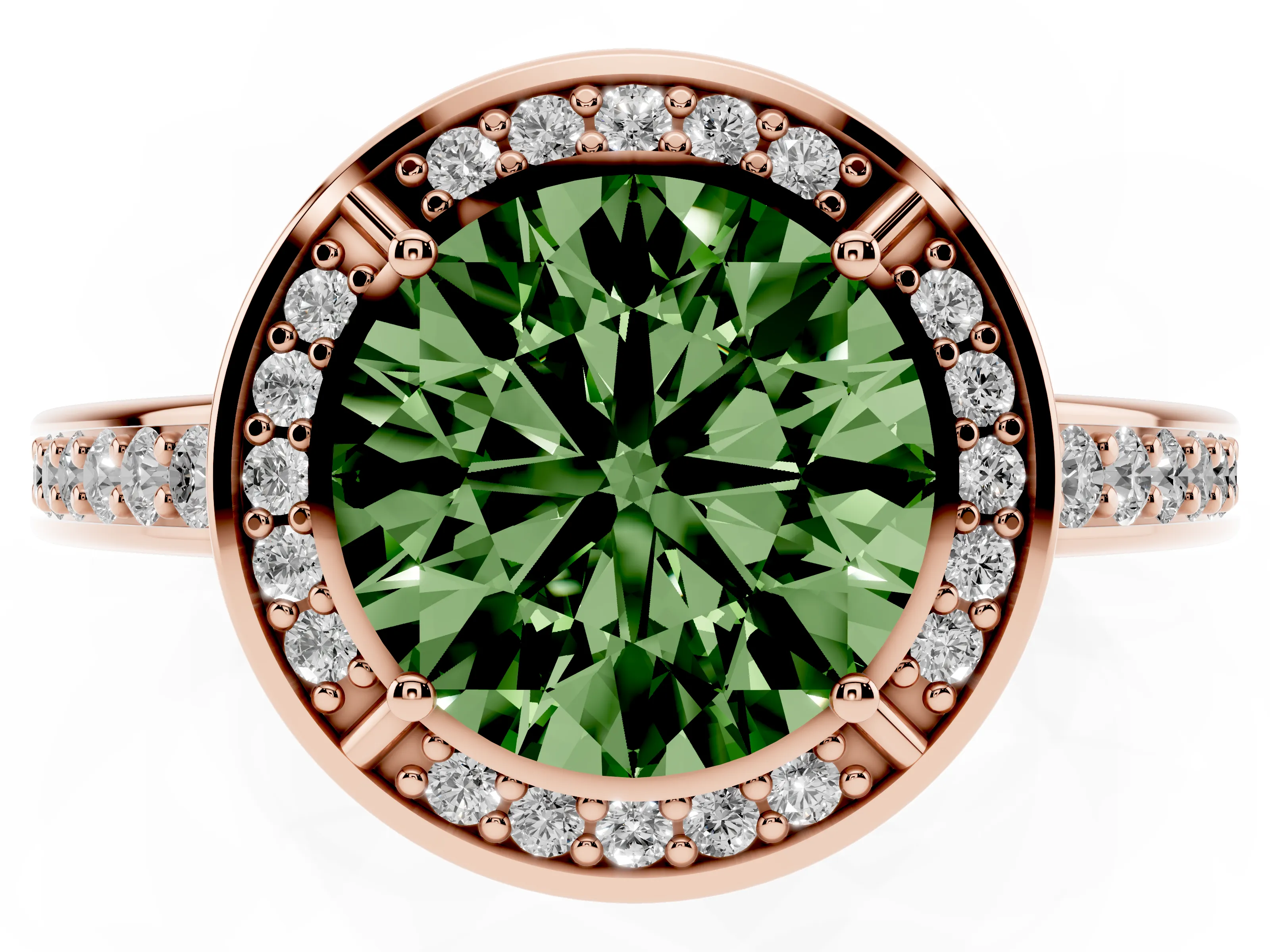 Fancy Green Round Cut Diamond Halo Pavé Split Shank Ring Set in Rose gold with Prong Setting