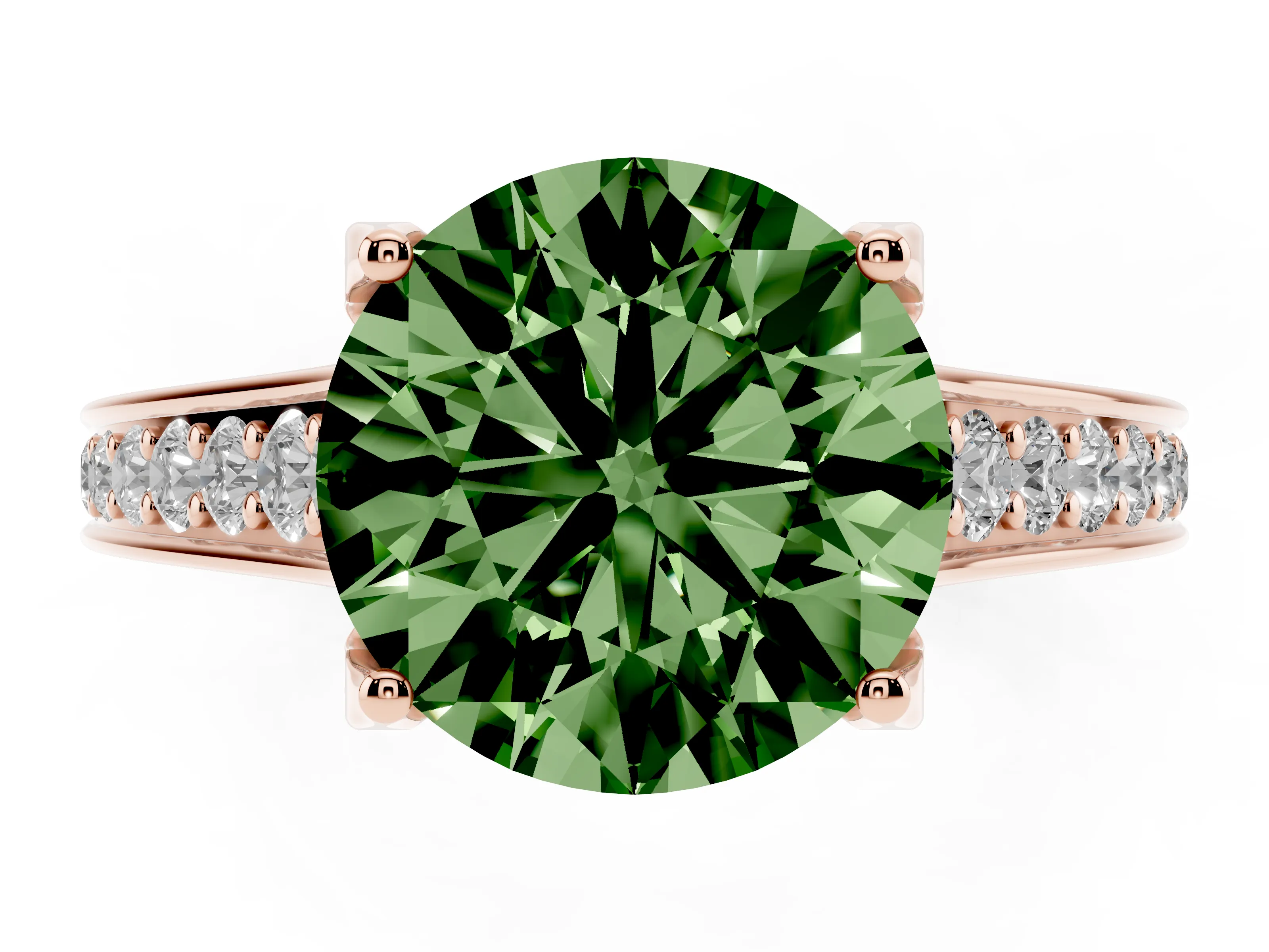 Fancy Green Round Cut Diamond Solitaire Pavé Engagement Ring Set in Rose gold with Prong Setting