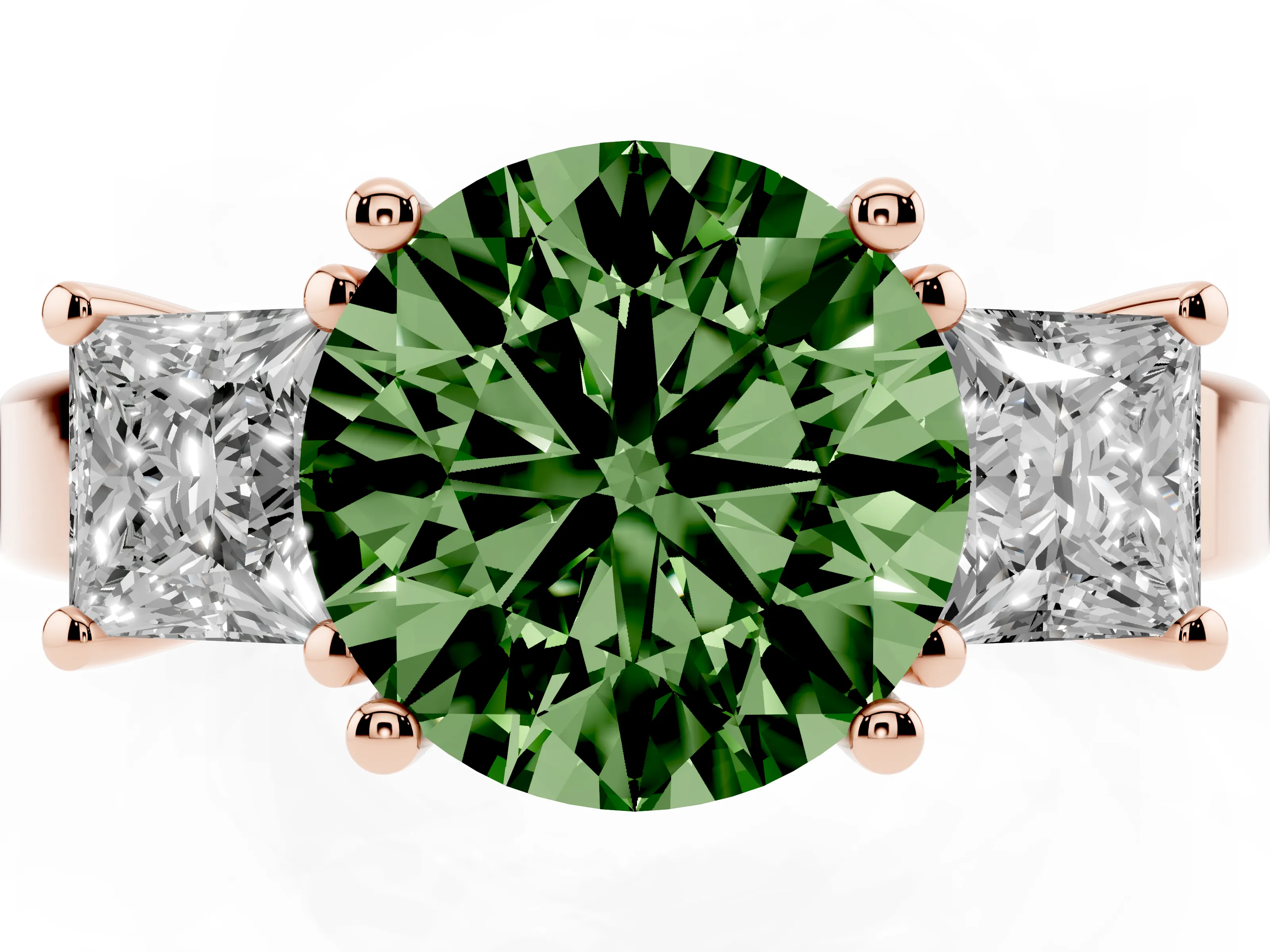 Fancy Green Three-Stone Round Cut Diamond Solitaire Ring Set in Rose gold with Prong Setting