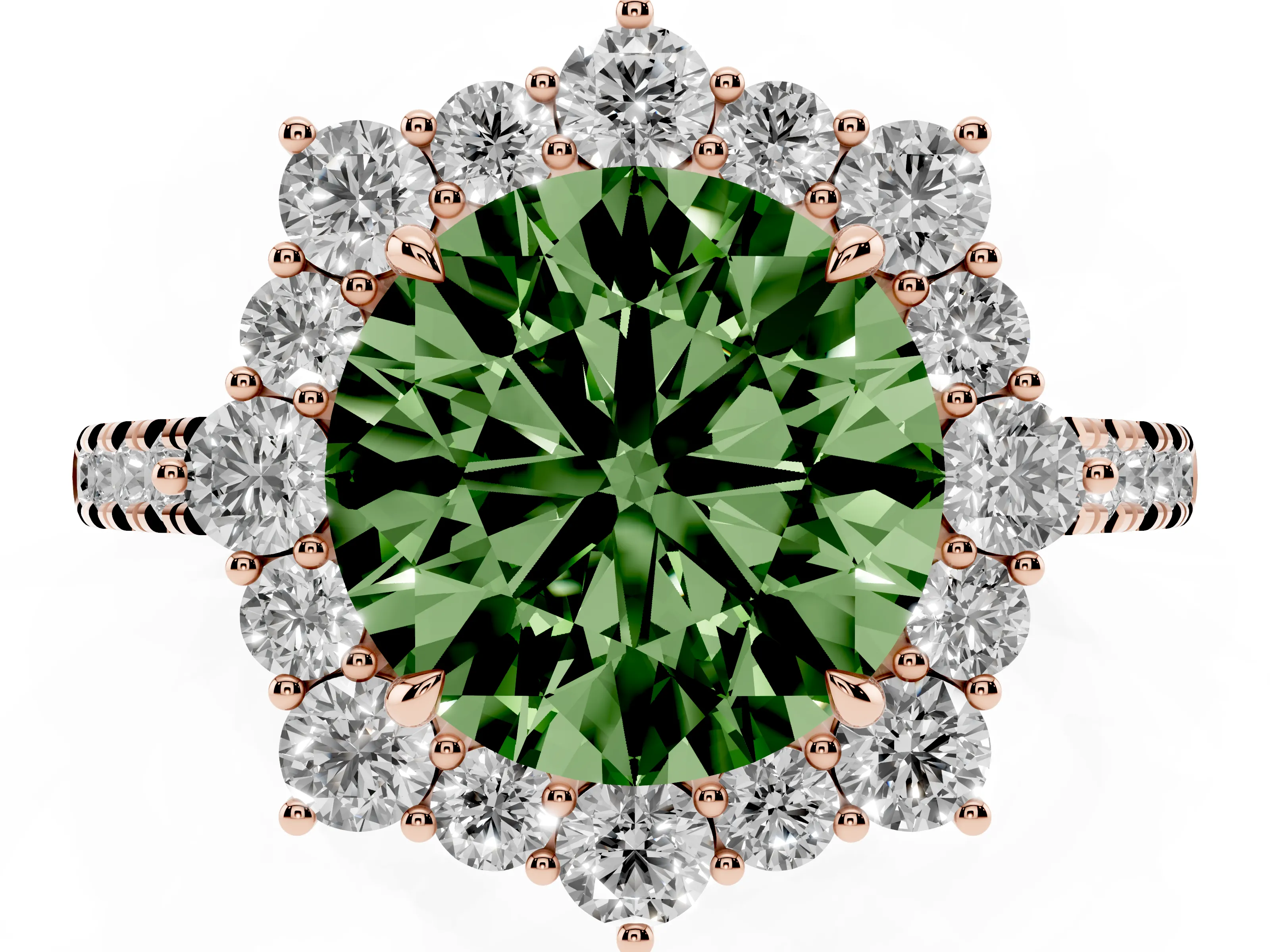 Fancy Green Round Cut Diamond Halo Ring Set in Rose gold with Pavé Band and Prong Setting
