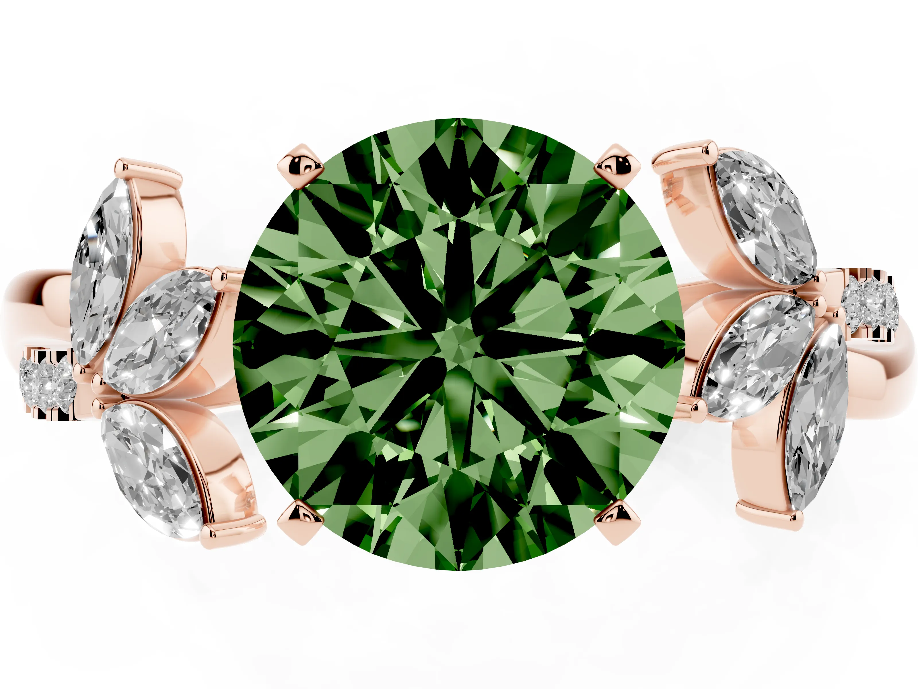 Fancy Green Round Cut Diamond Floral Vine Solitaire Engagement Ring Set in Rose gold with Marquise Leaves