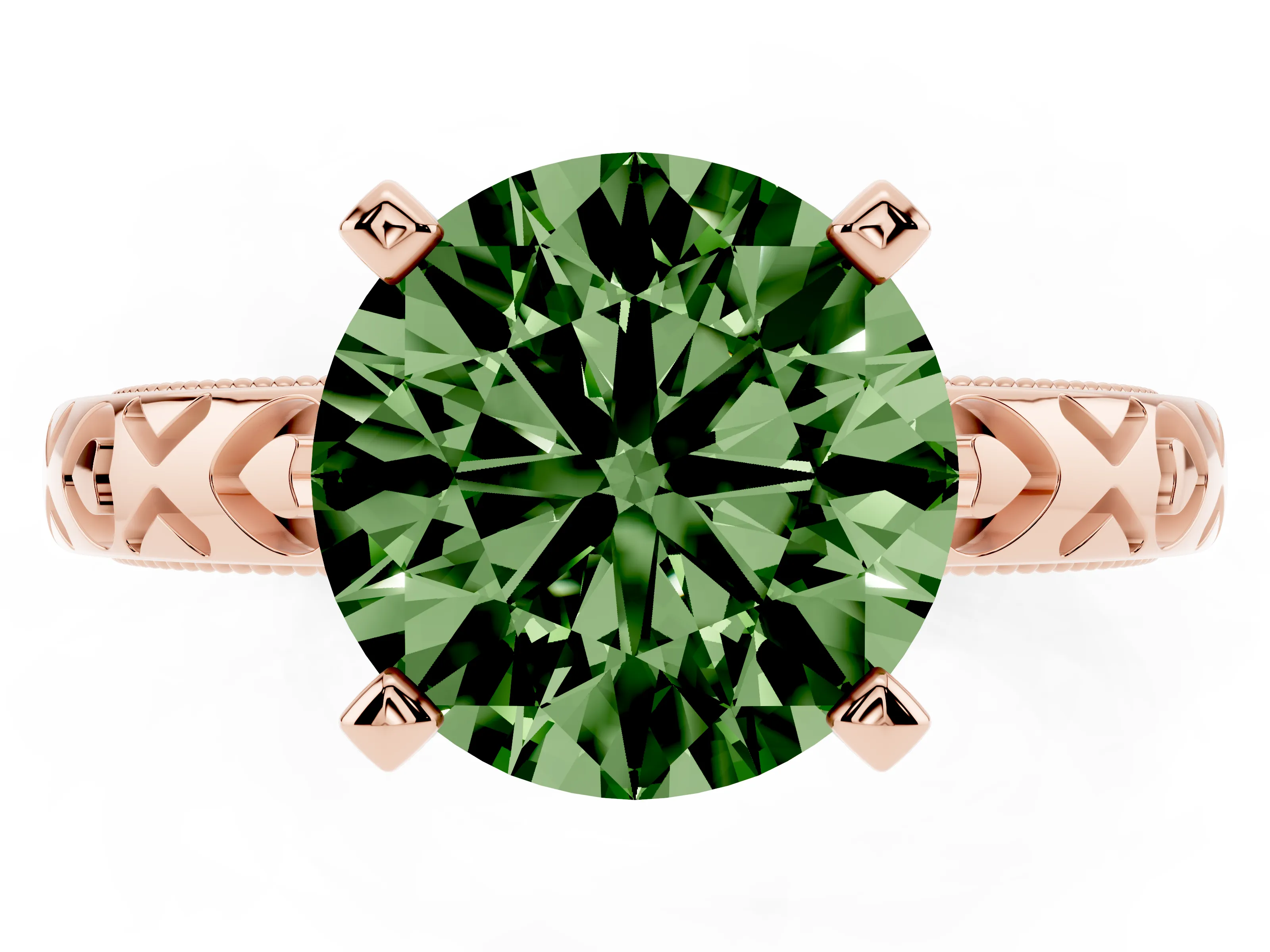 Fancy Green Round Cut Diamond Solitaire Engagement Ring Set in Rose gold with XO Engraved Band and Prong Setting